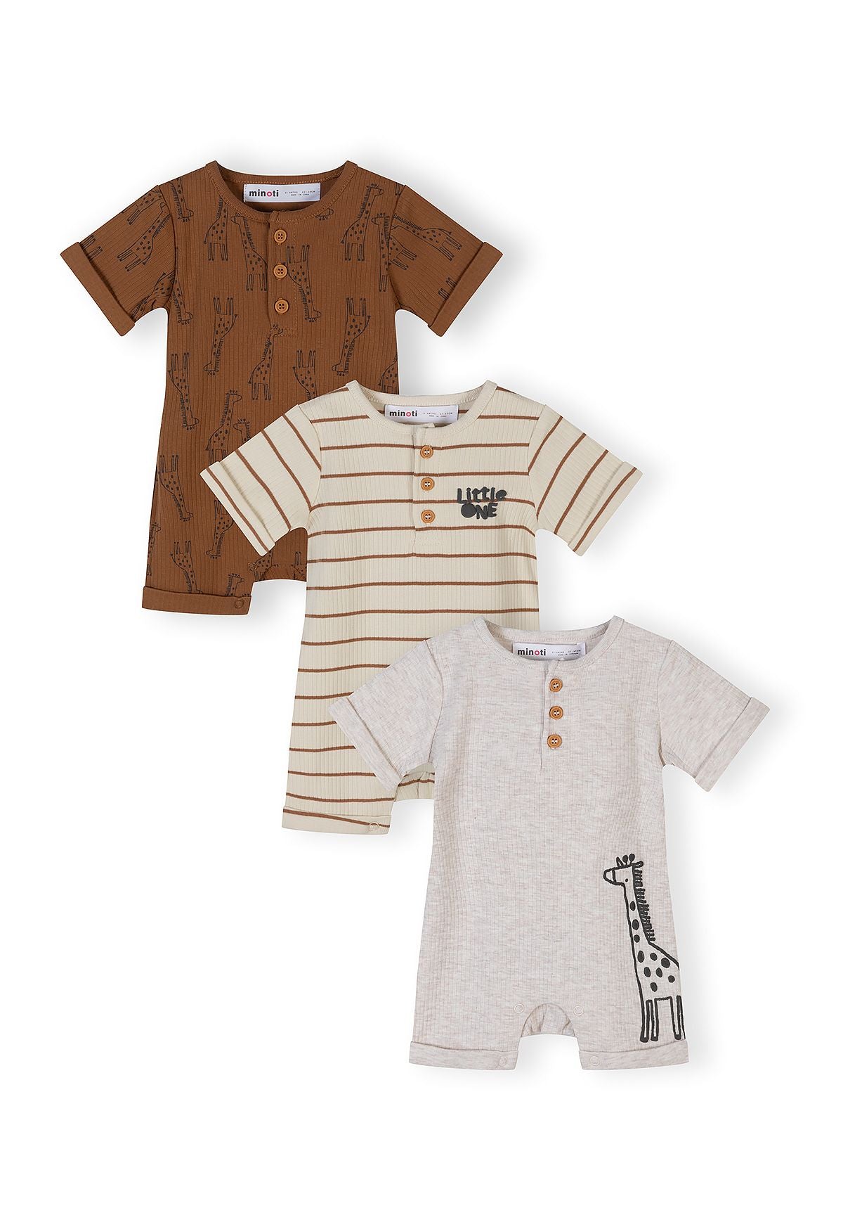 Ribbed Rompers 3-Pack, Giraffe & Stripe, Beige Brown - 1