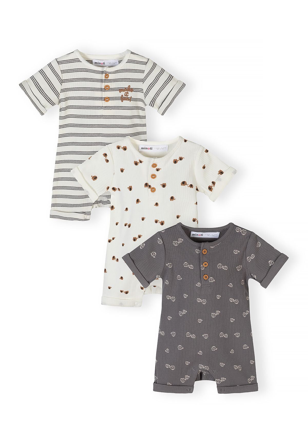 Short Sleeve Rompers 3-Pack, Striped & Animal Print - 1