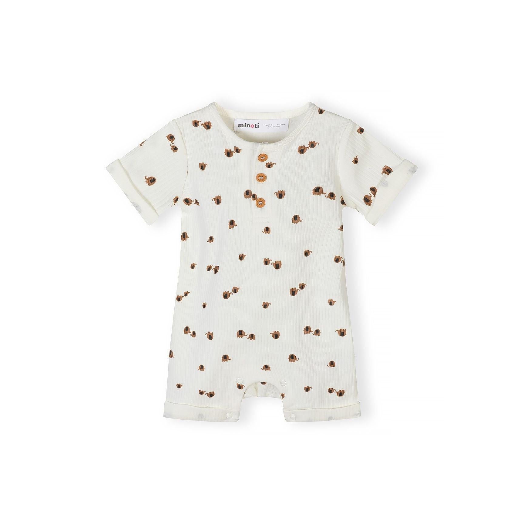 Close-up detail of grey romper showing Minoti label, wooden buttons, elephant print pattern and ribbed cotton texture