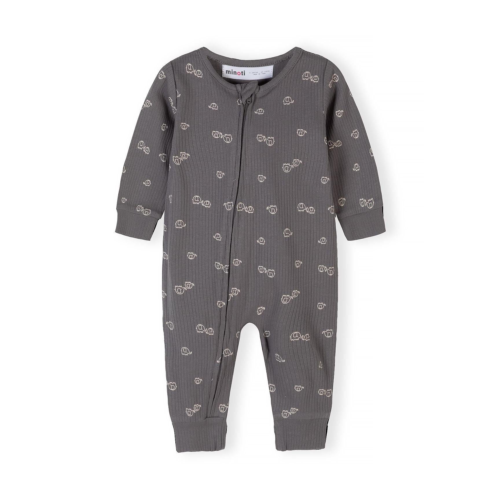 Close-up of grey ribbed romper with white elephant print pattern and zip closure, showing Minoti label at neckline