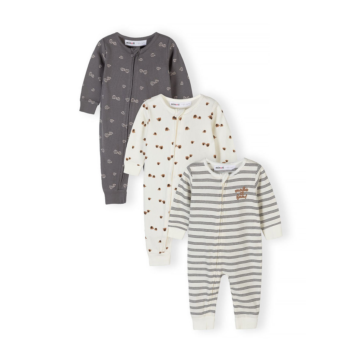 Baby footless sleepsuits 3-pack in cream and charcoal — complete product view for square Shop card