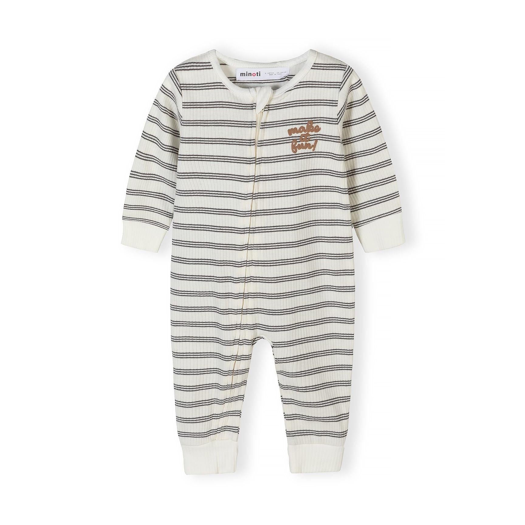 Close-up of grey ribbed romper with white elephant print pattern and zip closure, showing Minoti label at neckline