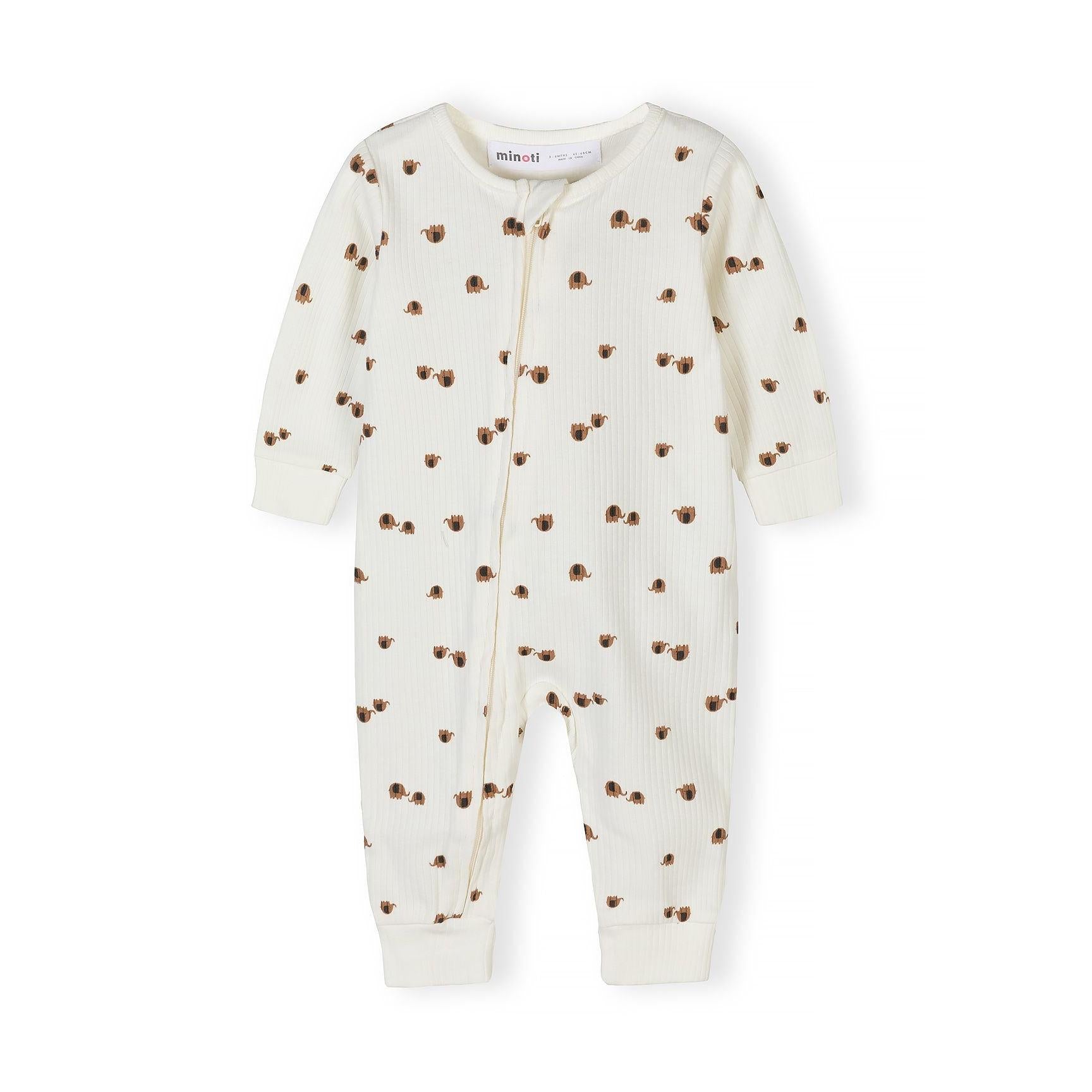Detail view of grey romper fabric showing ribbed texture and small white elephant motifs scattered across the surface