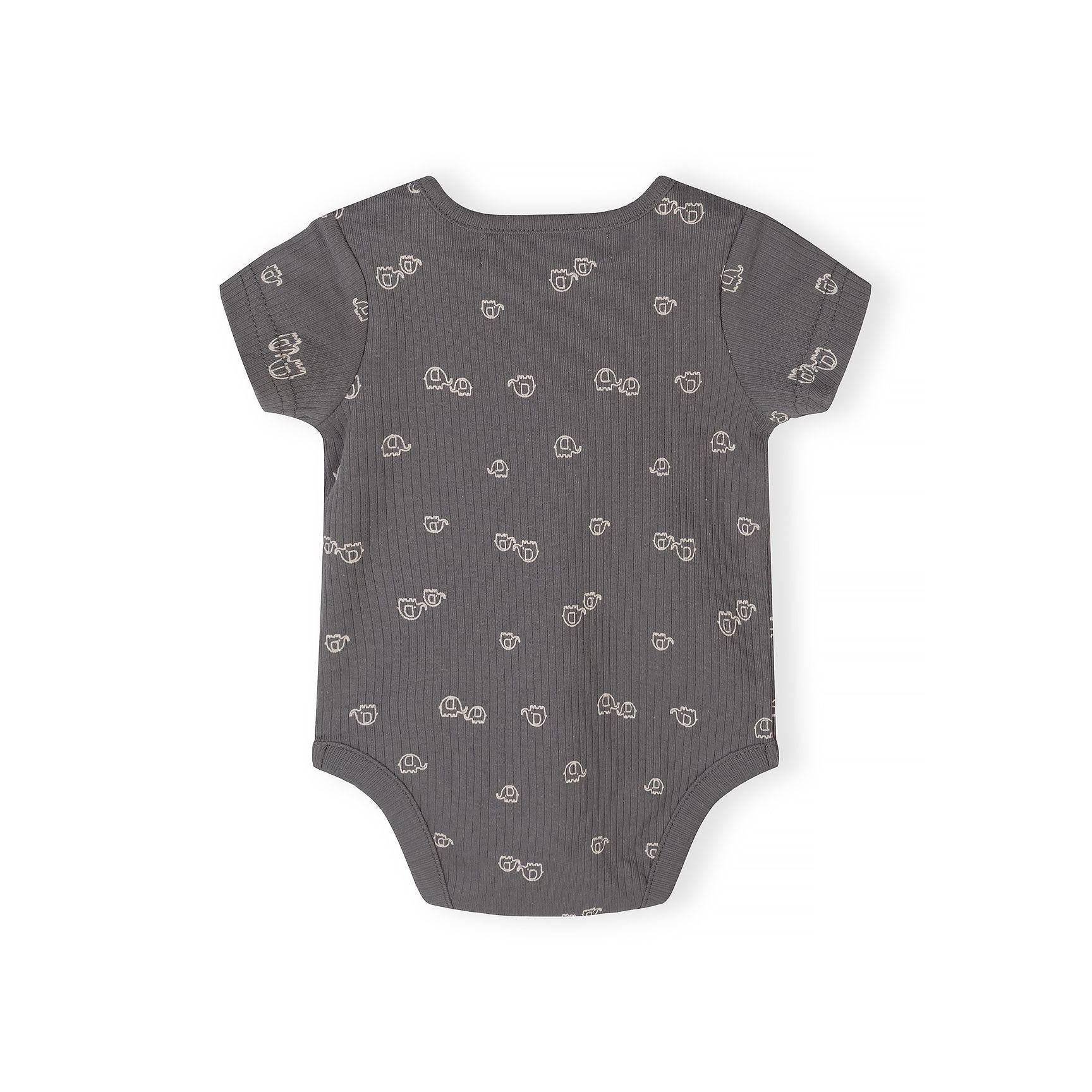 Detailed view of grey bodysuit fabric showing ribbed texture and repeated white elephant print pattern with Minoti brand label visible