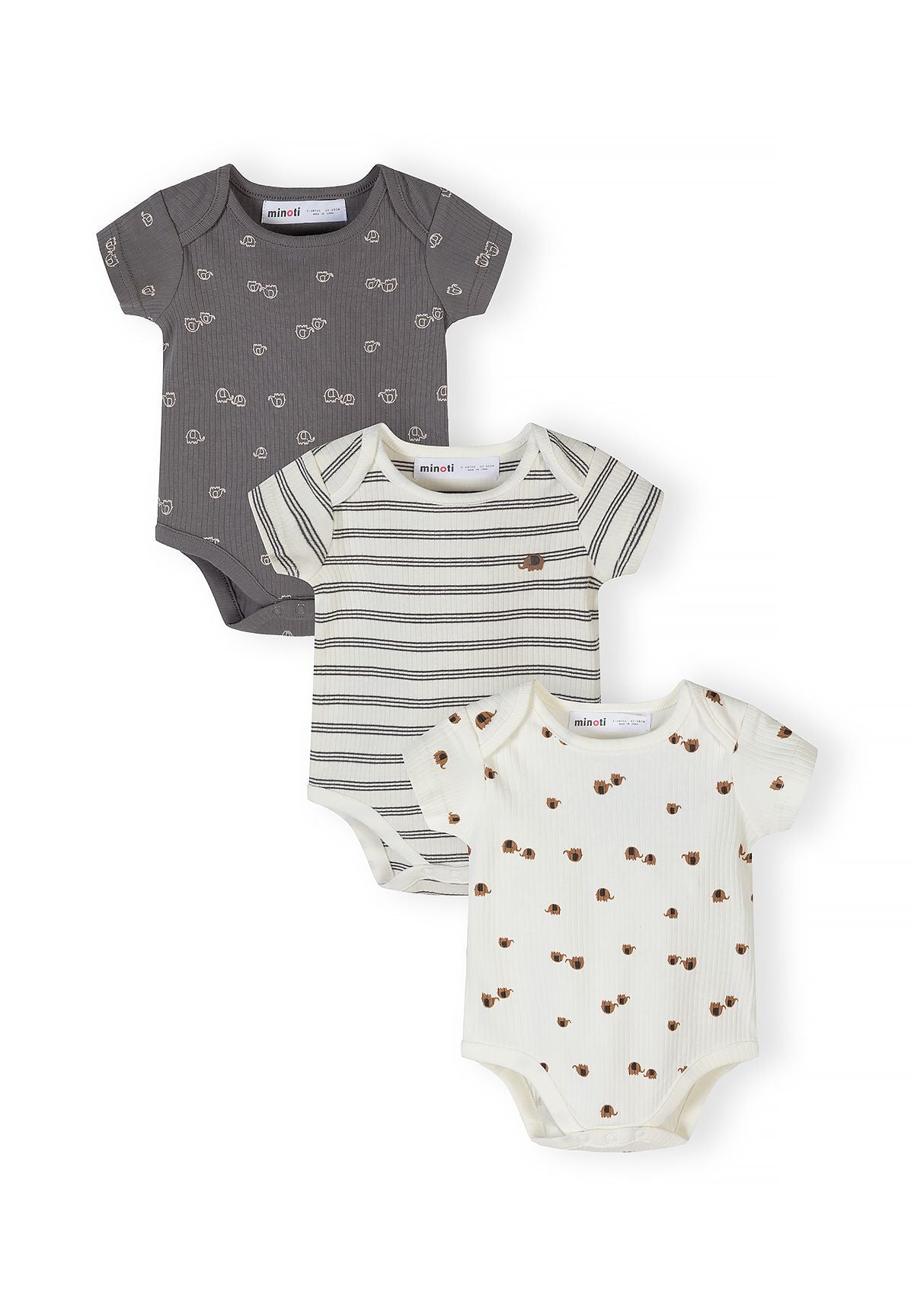 Ribbed Bodysuits 3-Pack, Elephant & Stripes, Neutral - 1