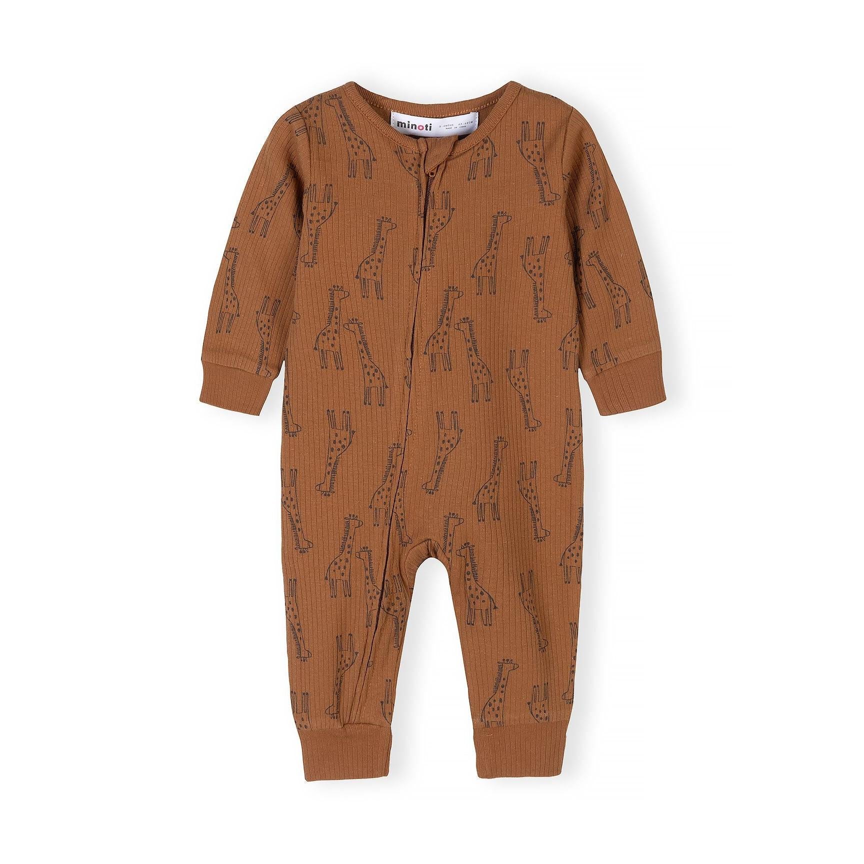 Close-up detail of beige striped romper showing Minoti label, ribbed texture, and Little One text placement on chest area