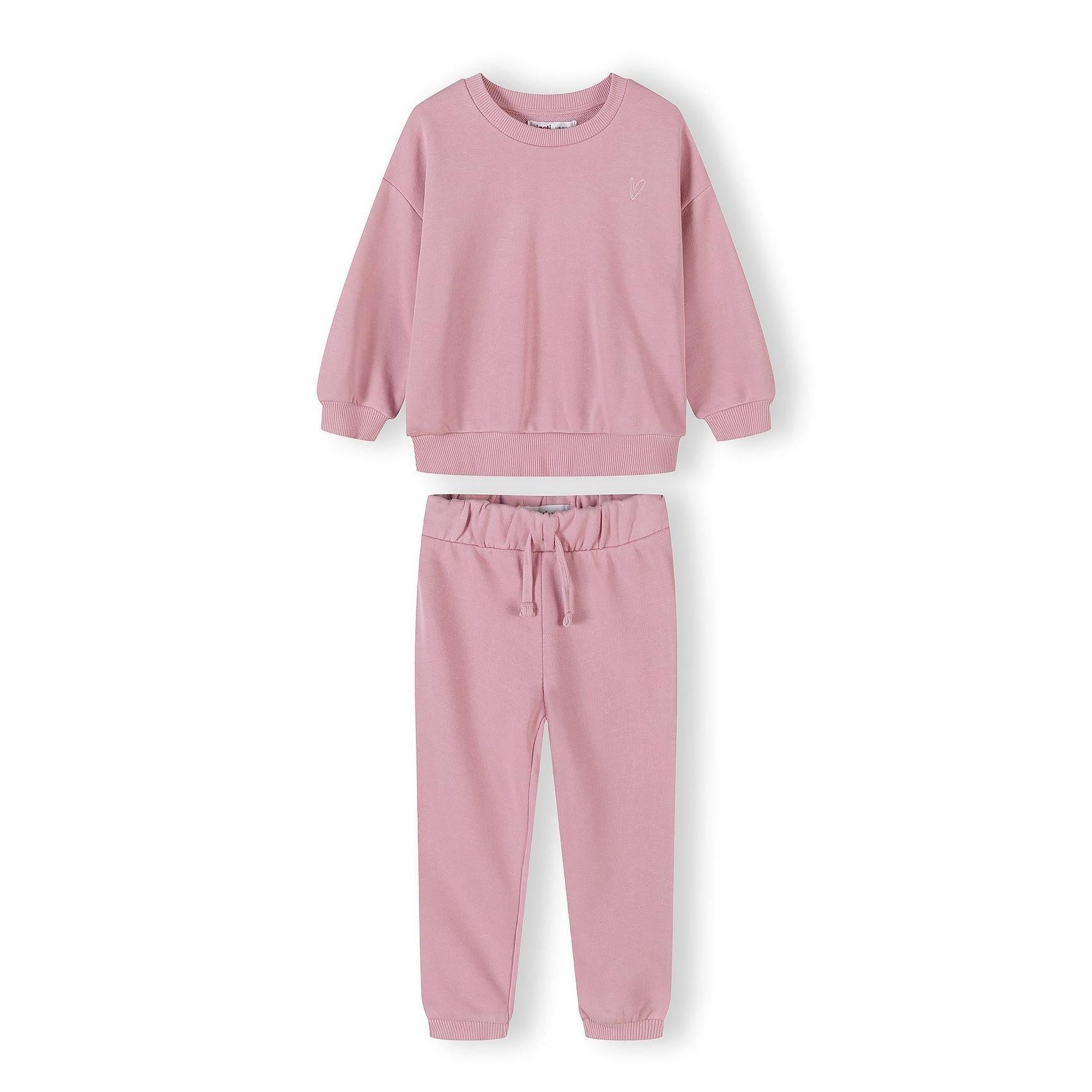 Blue tracksuit set showing crew neck sweatshirt and matching elasticated joggers with drawstring waist on white background