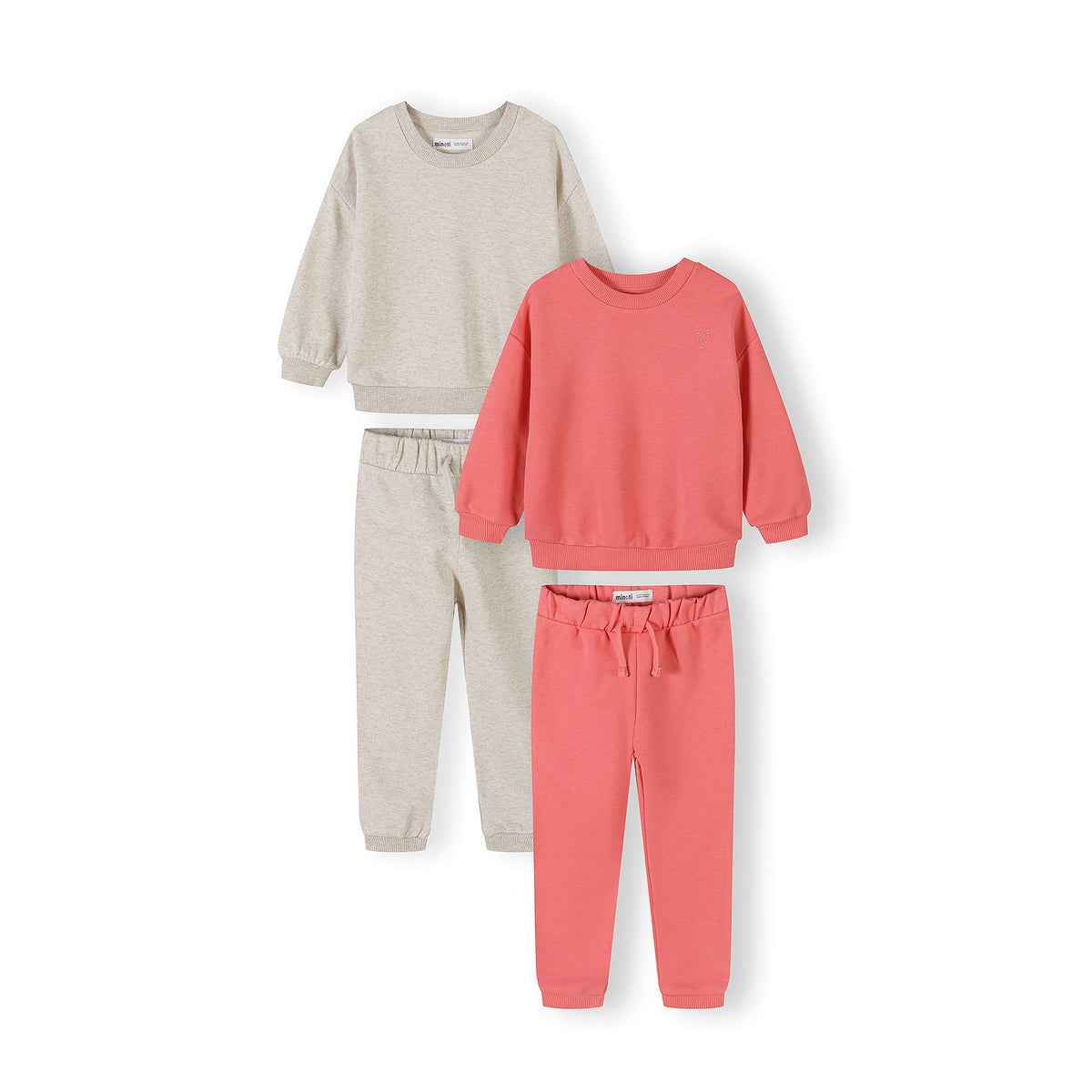 Girls' sweatshirt and joggers sets 2-pack in coral and beige marl — complete product view for square Shop card