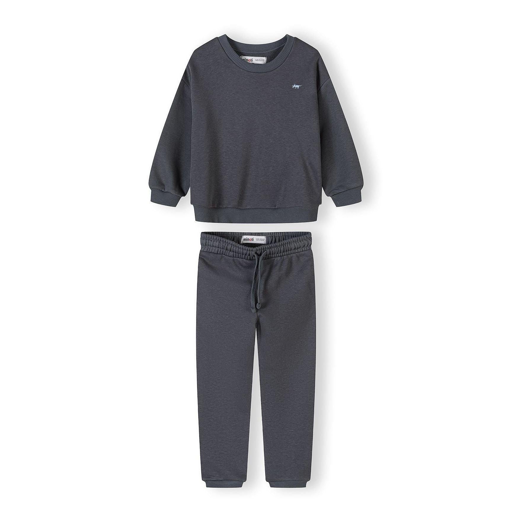 Complete blue tracksuit set with sweatshirt and matching joggers displayed on white background