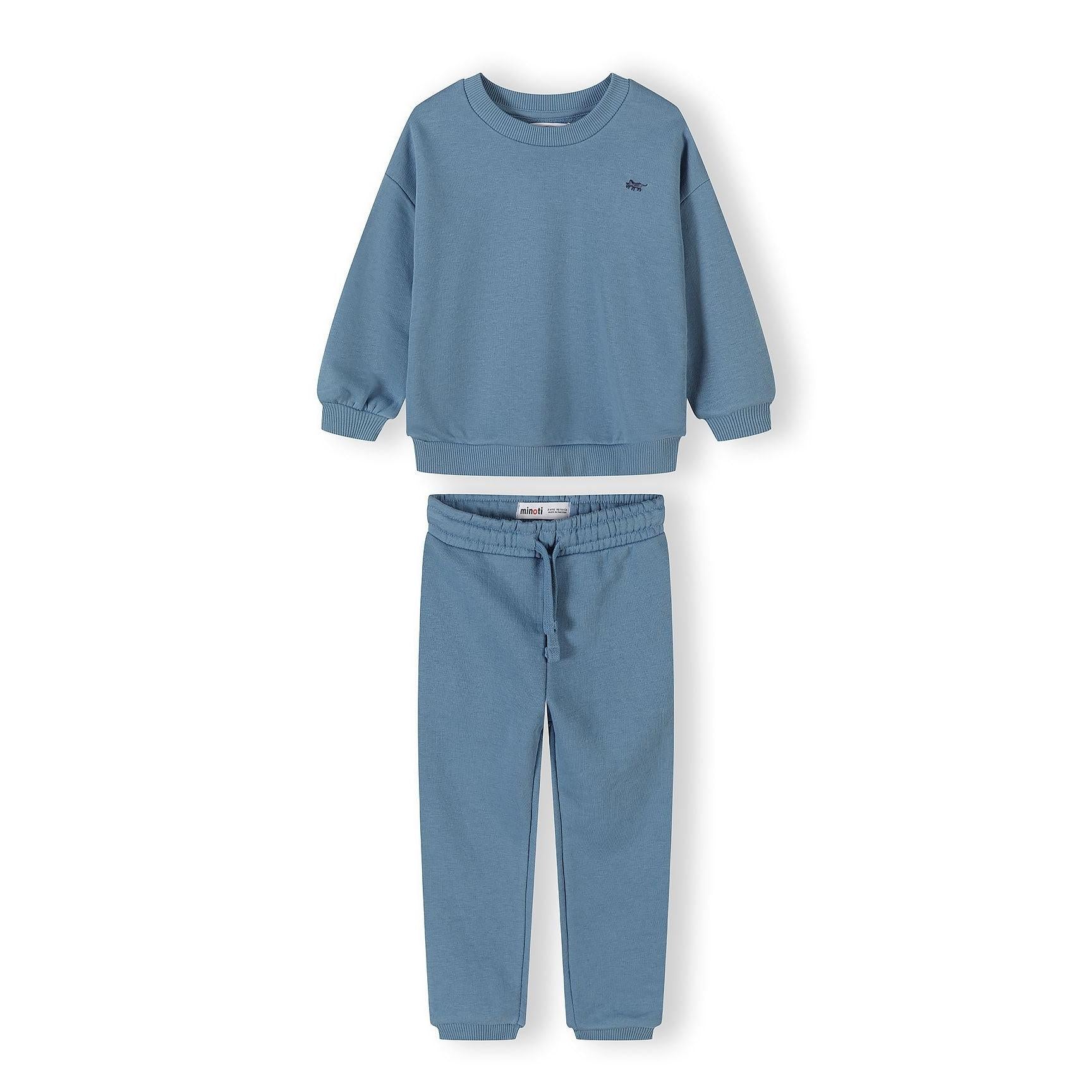 Complete blue tracksuit set with sweatshirt and matching joggers displayed on white background