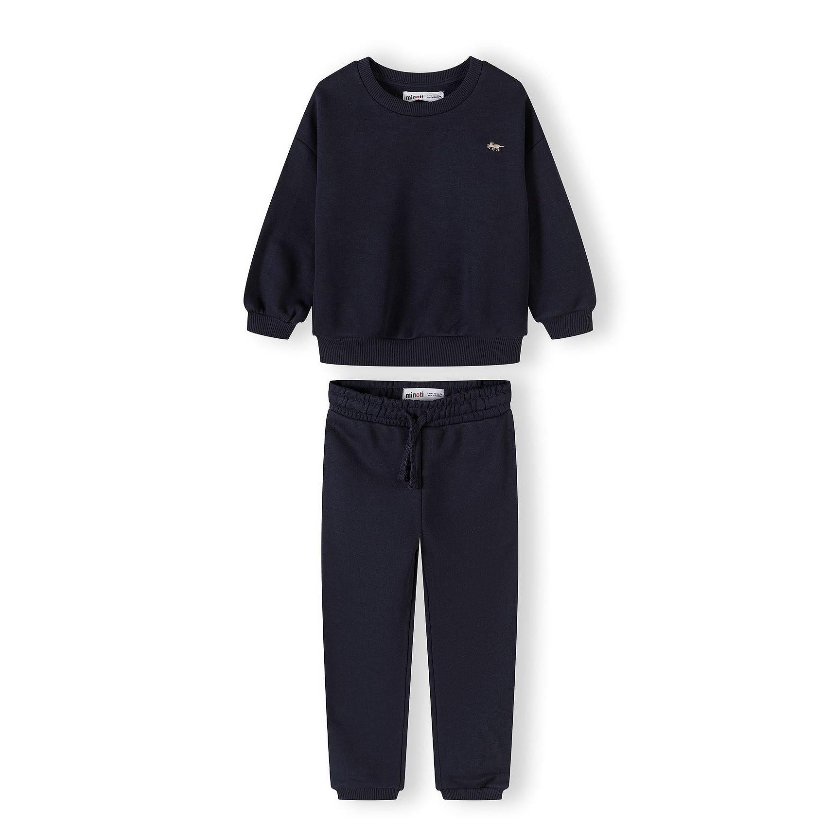Navy blue sweatshirt and matching joggers tracksuit set displayed on white background showing front view