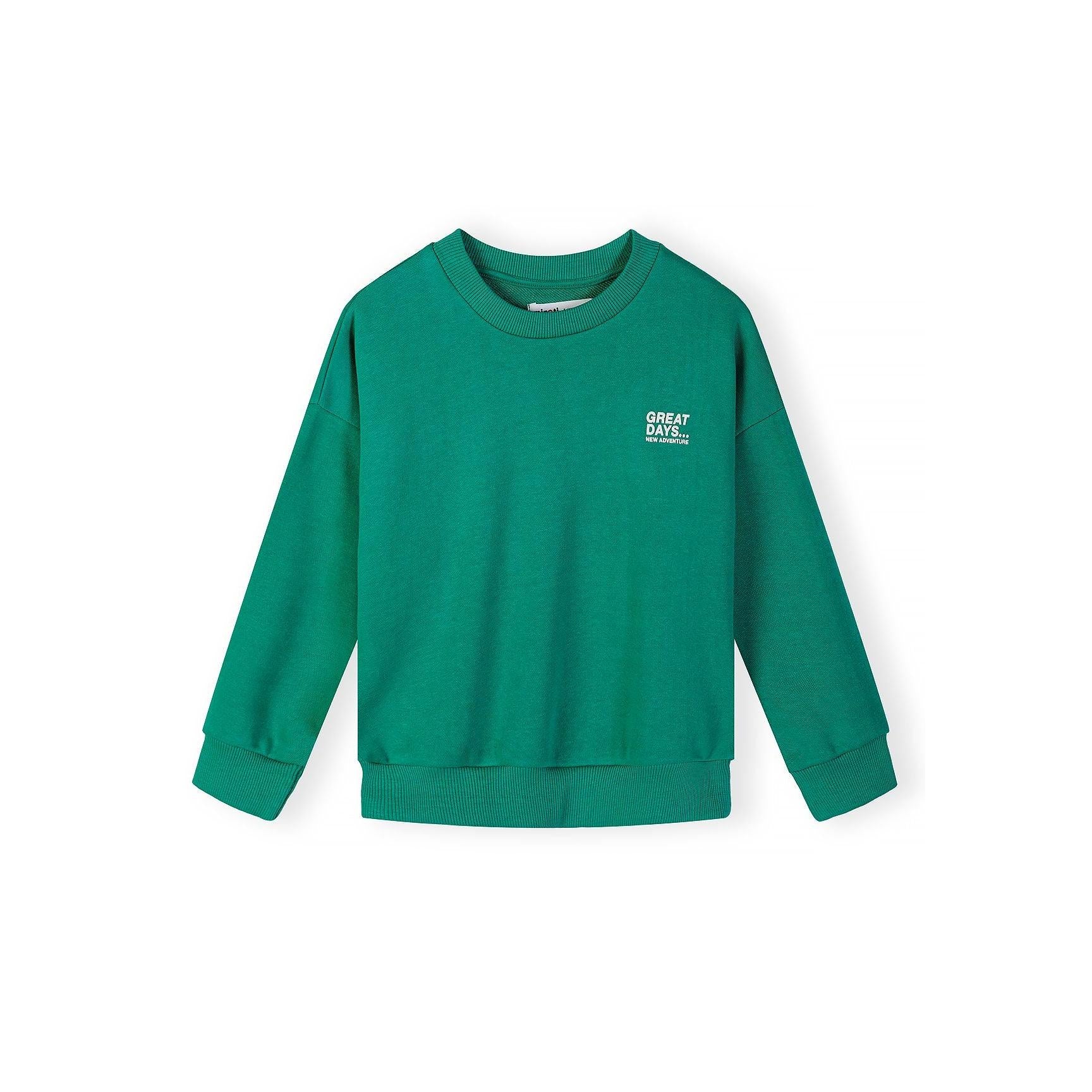 Close-up of green sweatshirt showing Great Days New Adventure white text print