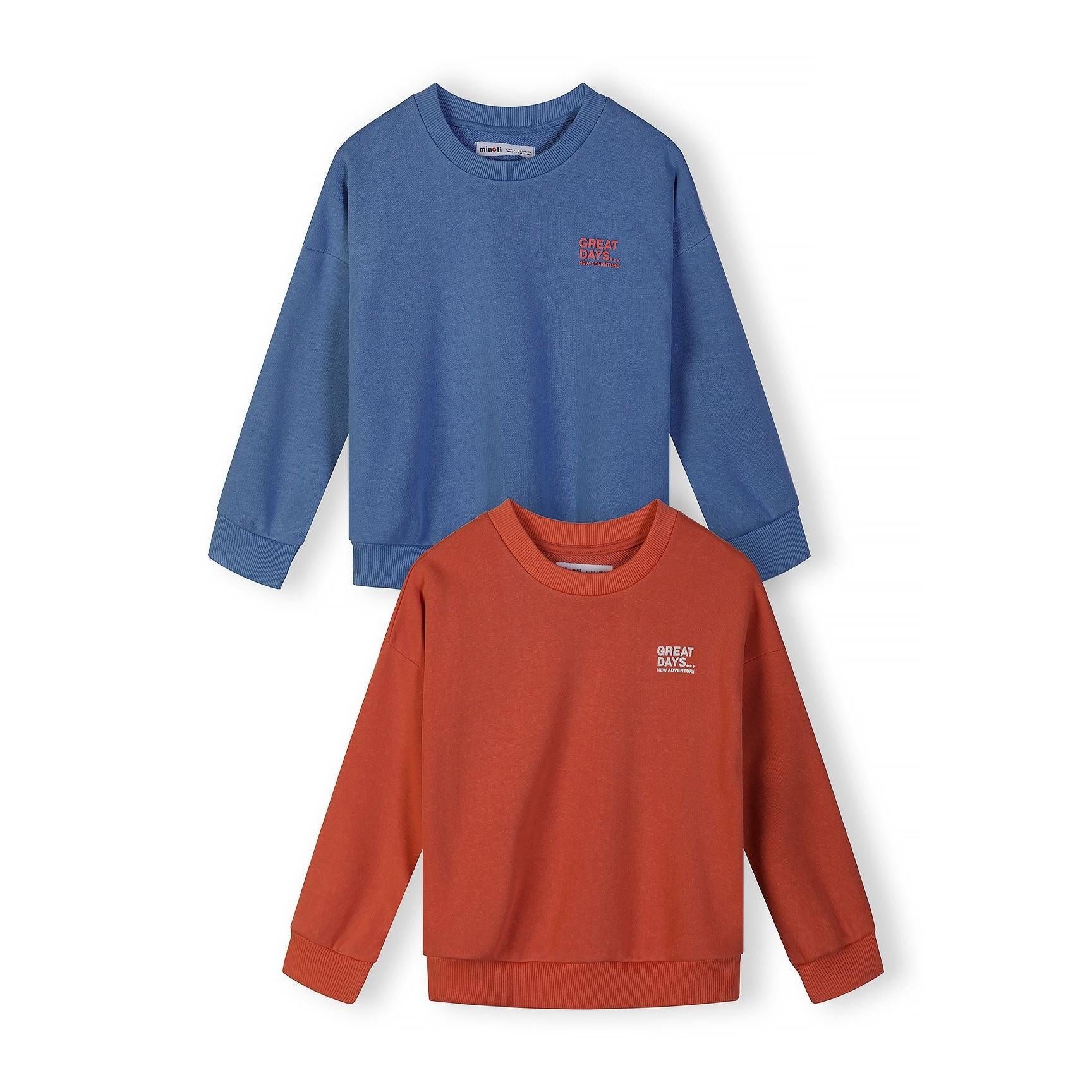 Back view of orange-red sweatshirt laid flat showing plain design with ribbed crew neckline, cuffs and hem on white background