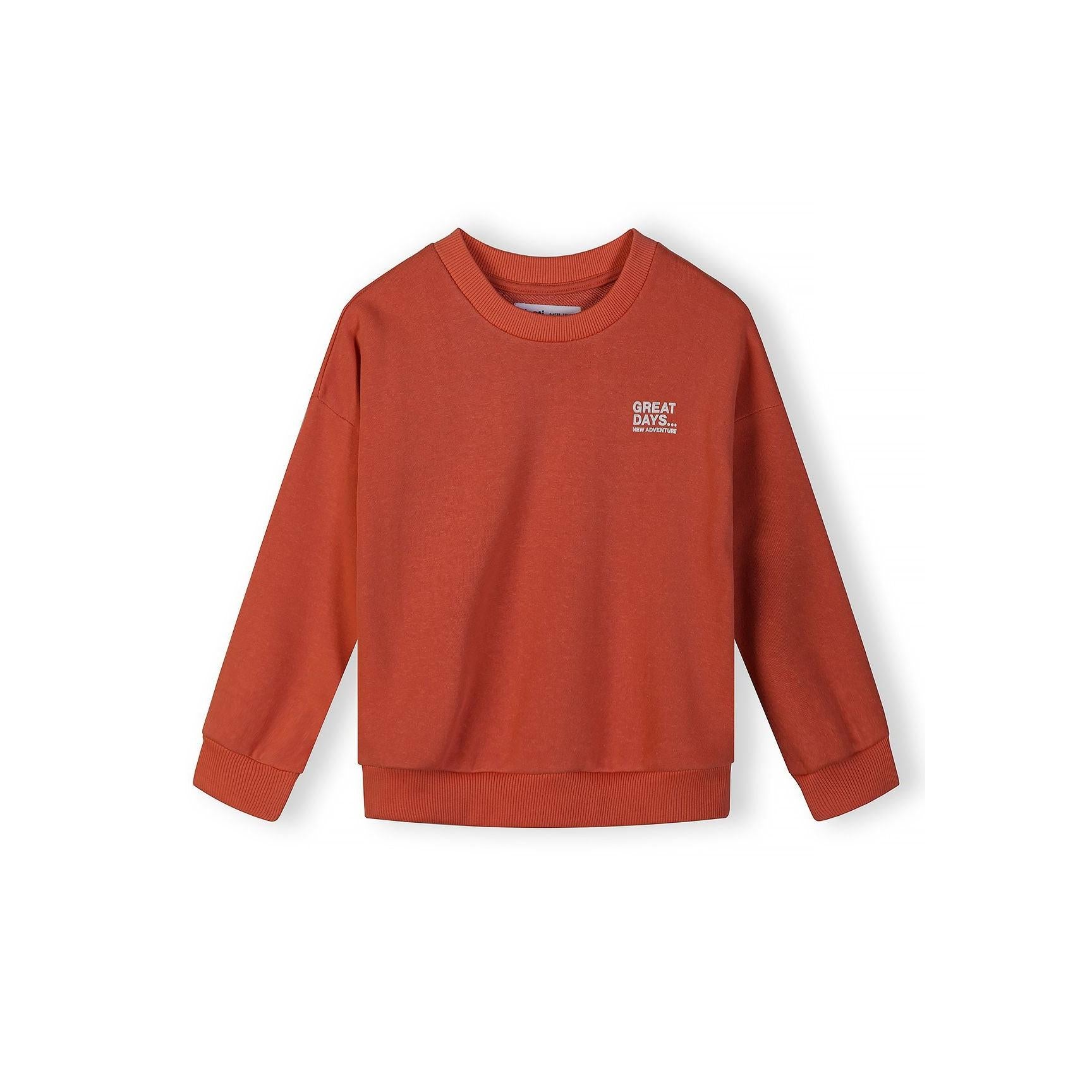 Close-up detail of blue sweatshirt showing Minoti brand label and red 'GREAT DAYS... NEW ADVENTURES' chest print on cotton fabric