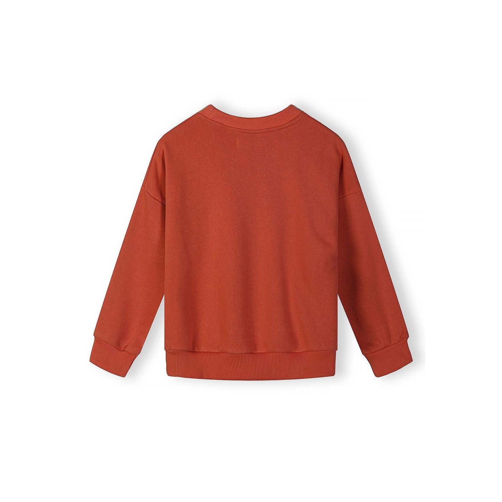 Back view of orange-red sweatshirt laid flat showing plain design with ribbed crew neckline, cuffs and hem on white background