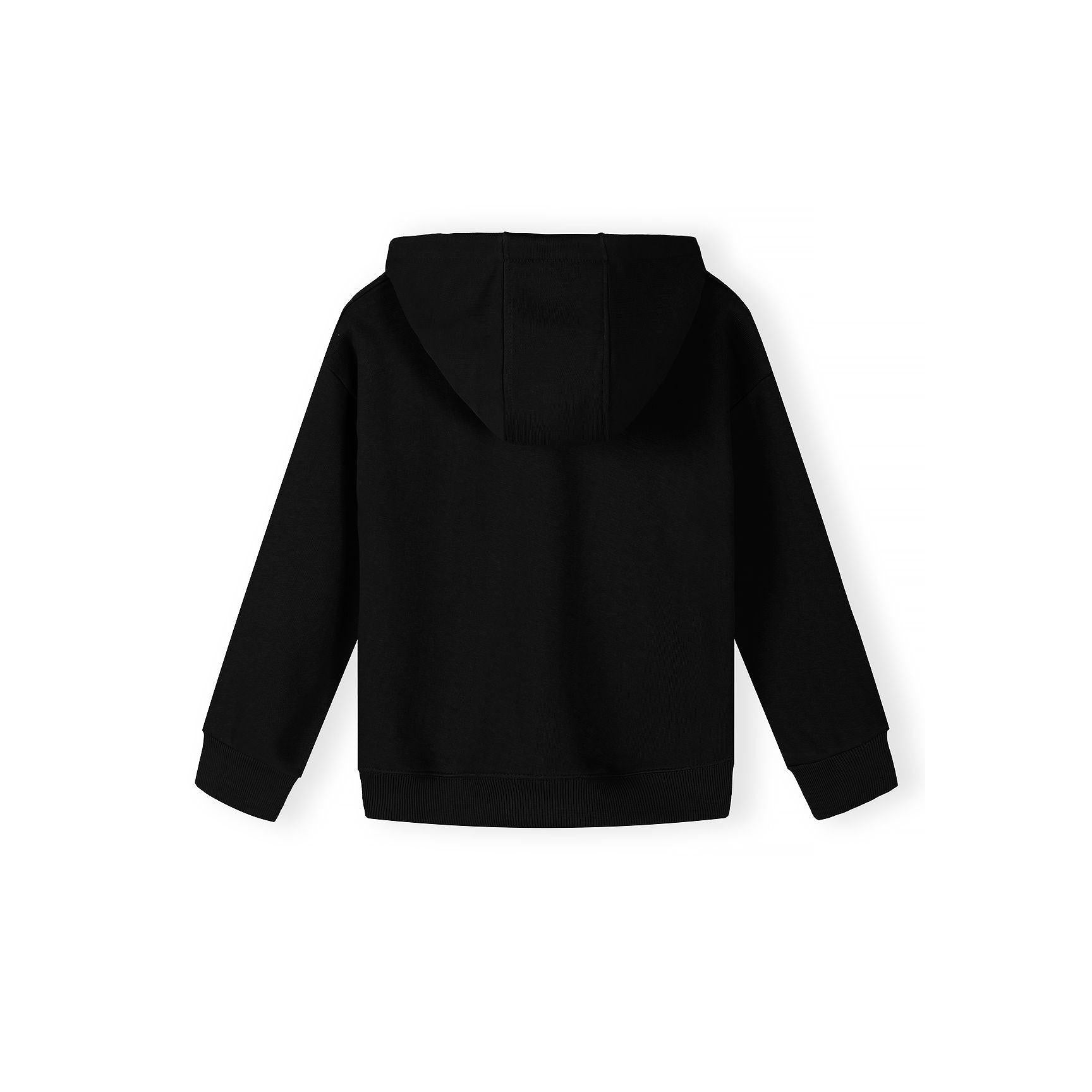 Close-up detail view of white hoodie showing front zipper area, small chest logo text, and kangaroo pocket construction against white background