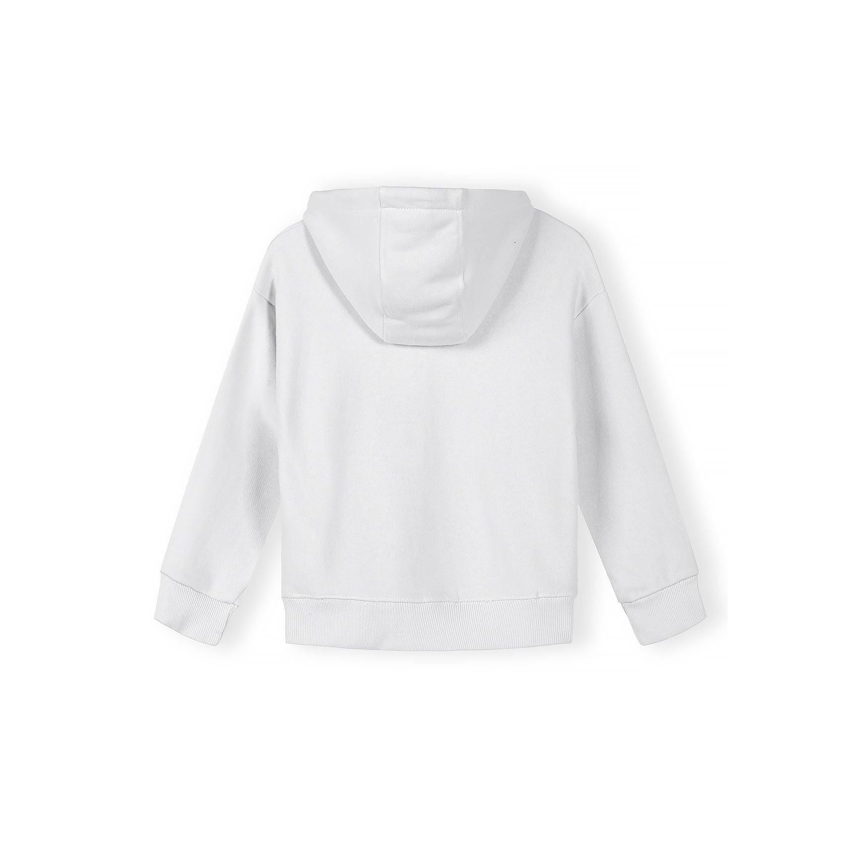 Close-up detail view of white hoodie showing front zipper area, small chest logo text, and kangaroo pocket construction against white background