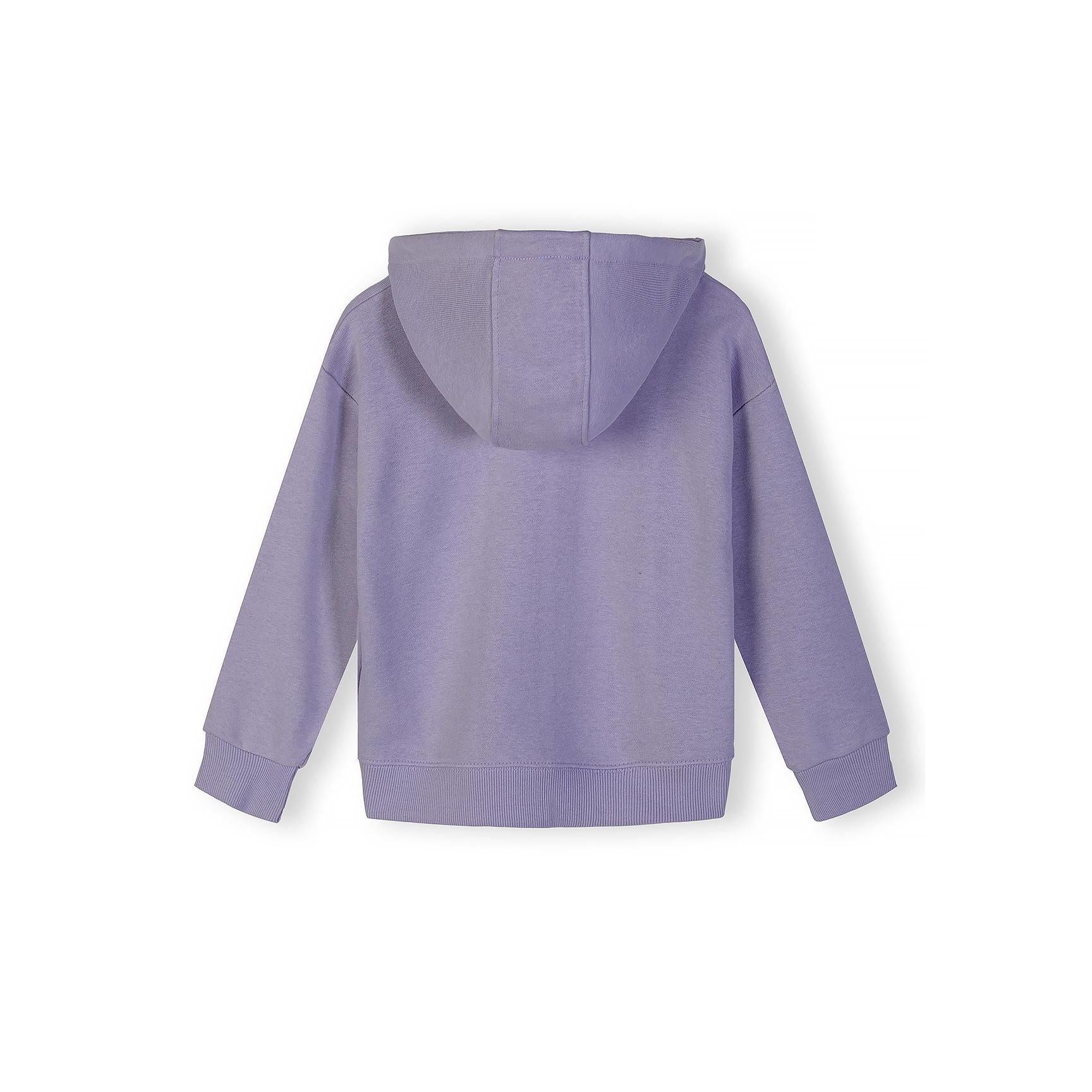 Purple hoodie laid flat showing back view with hood and ribbed cuffs and hem details on white background