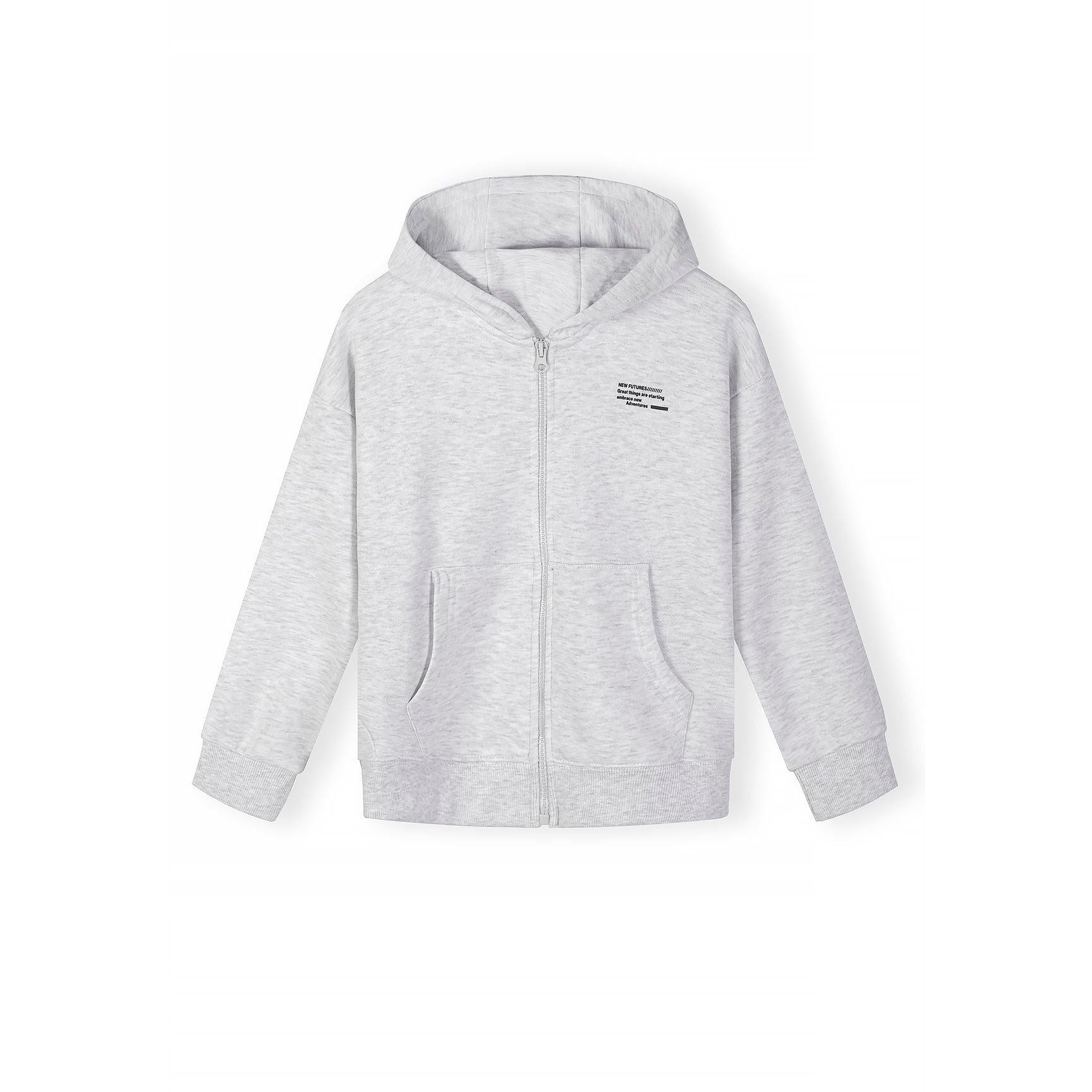 Grey zip hoodie with hood laid flat showing front zip closure and kangaroo pocket