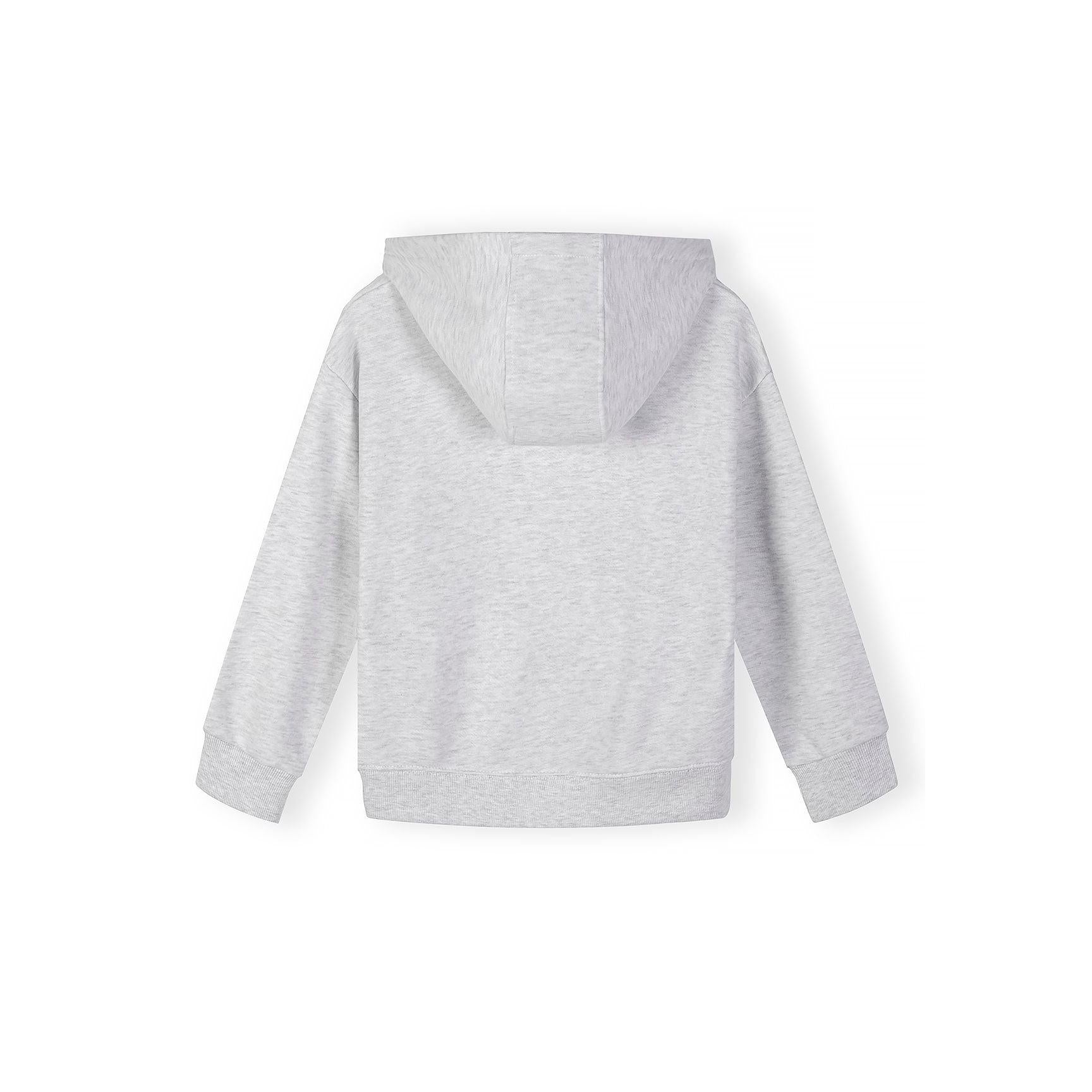 Close-up detail of green hoodie showing zip, Minoti label and text print on chest