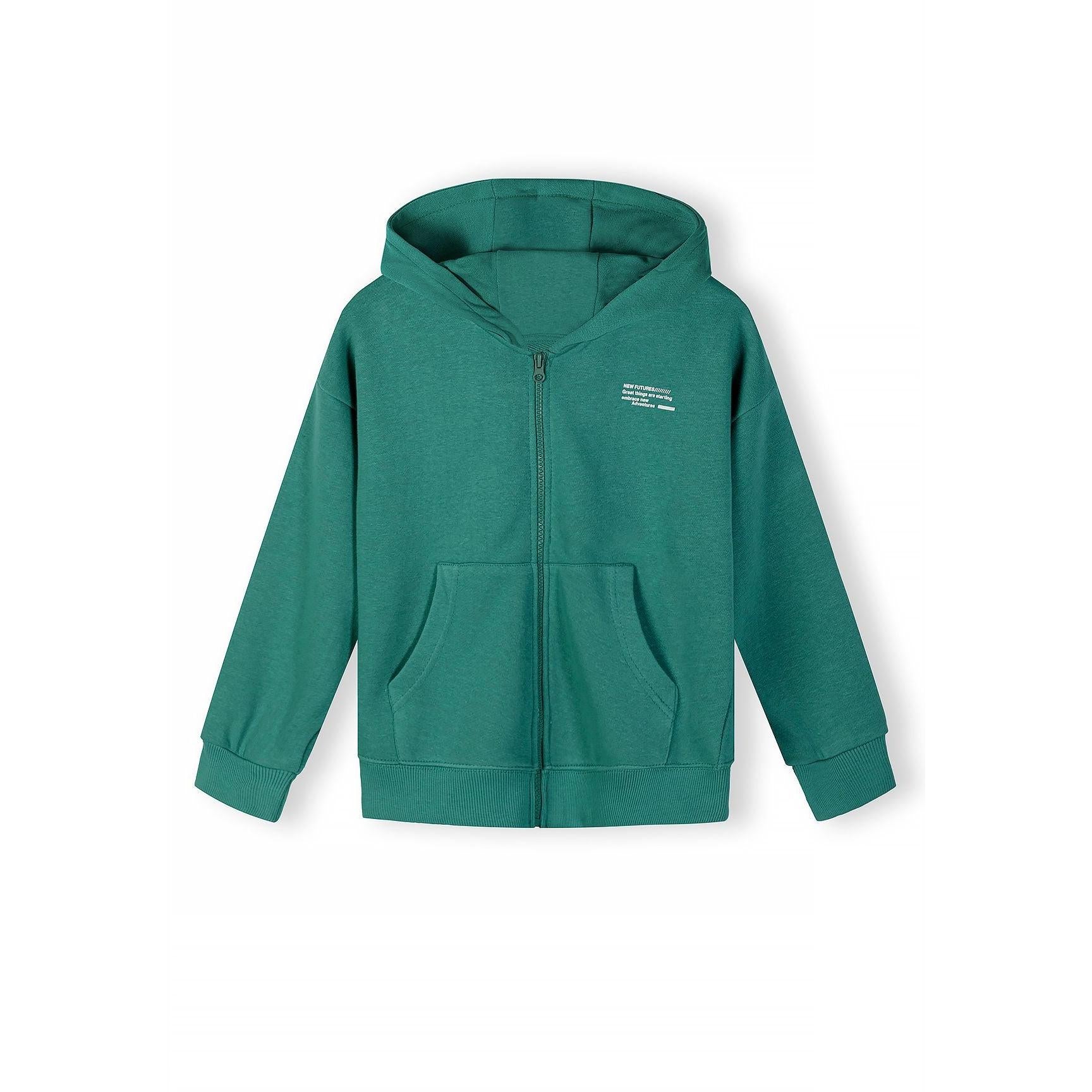 Close-up detail of green hoodie showing zip, Minoti label and text print on chest