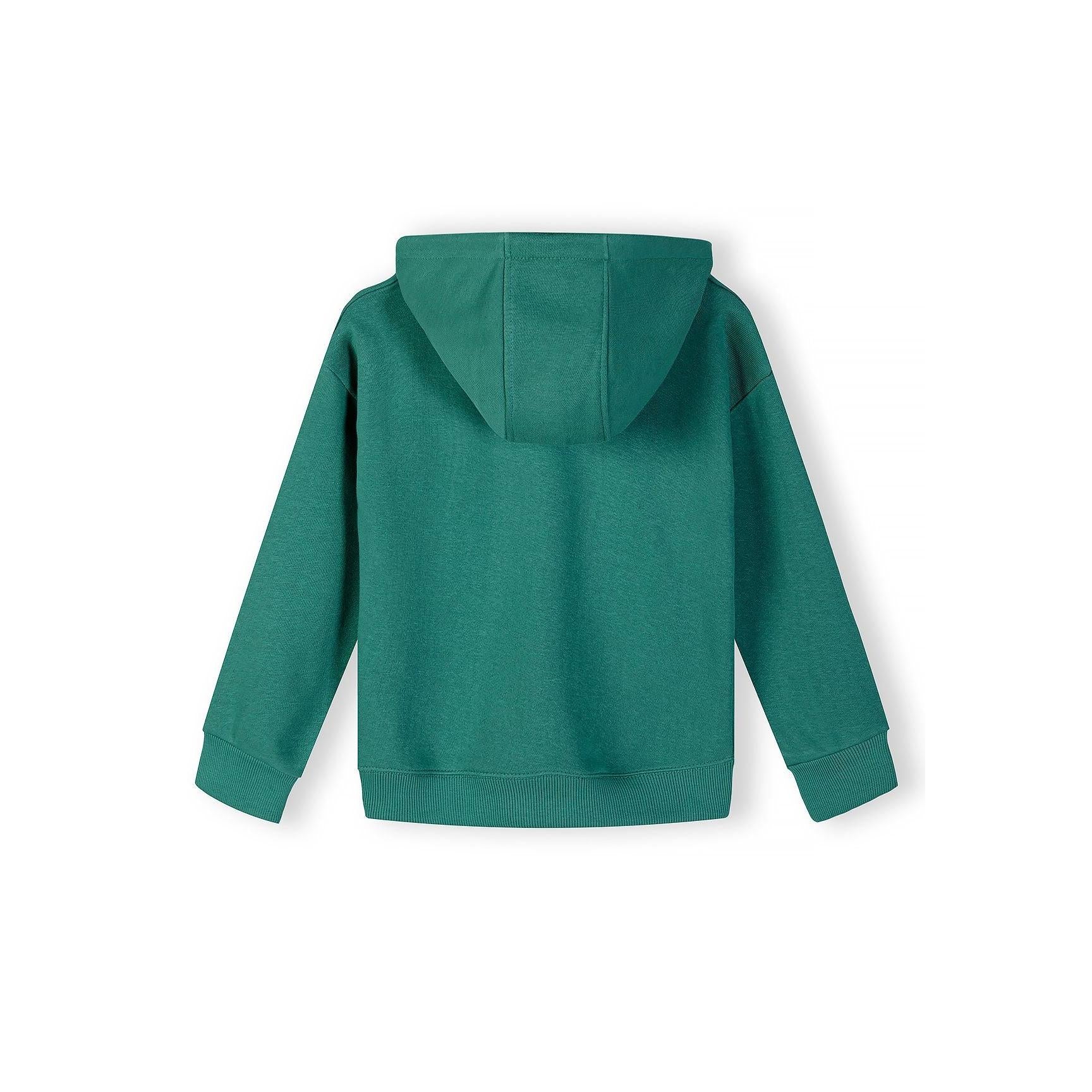 Close-up detail of green hoodie showing zip, Minoti label and text print on chest