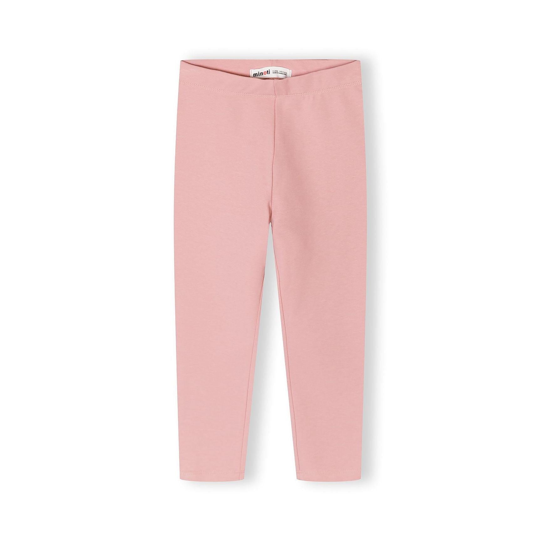 Single pink jersey leggings laid flat showing full length and slim fit design with Minoti label visible on white background