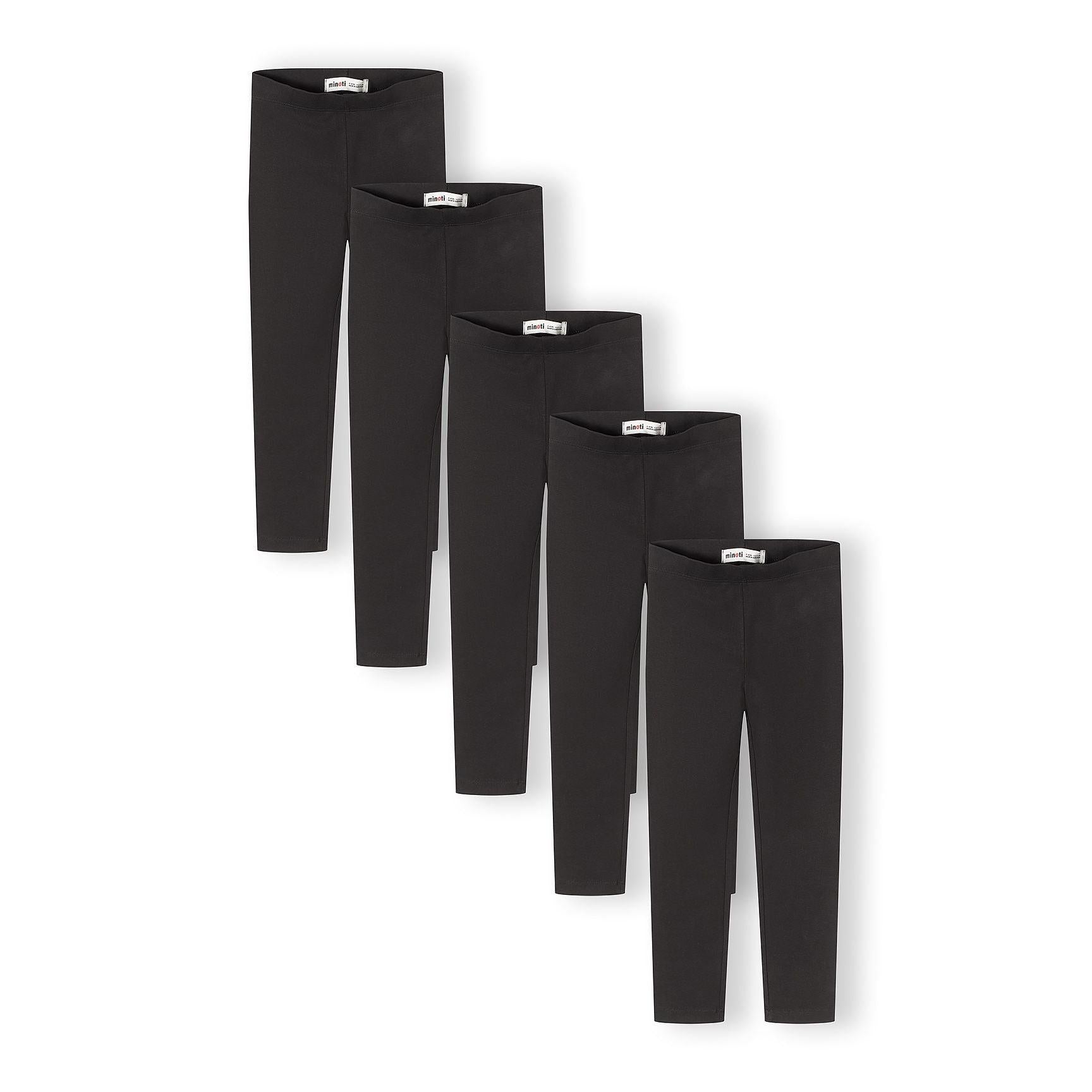 Five black cotton leggings arranged in a stepped formation showing size gradation from largest to smallest, each with white Minoti label at waistband