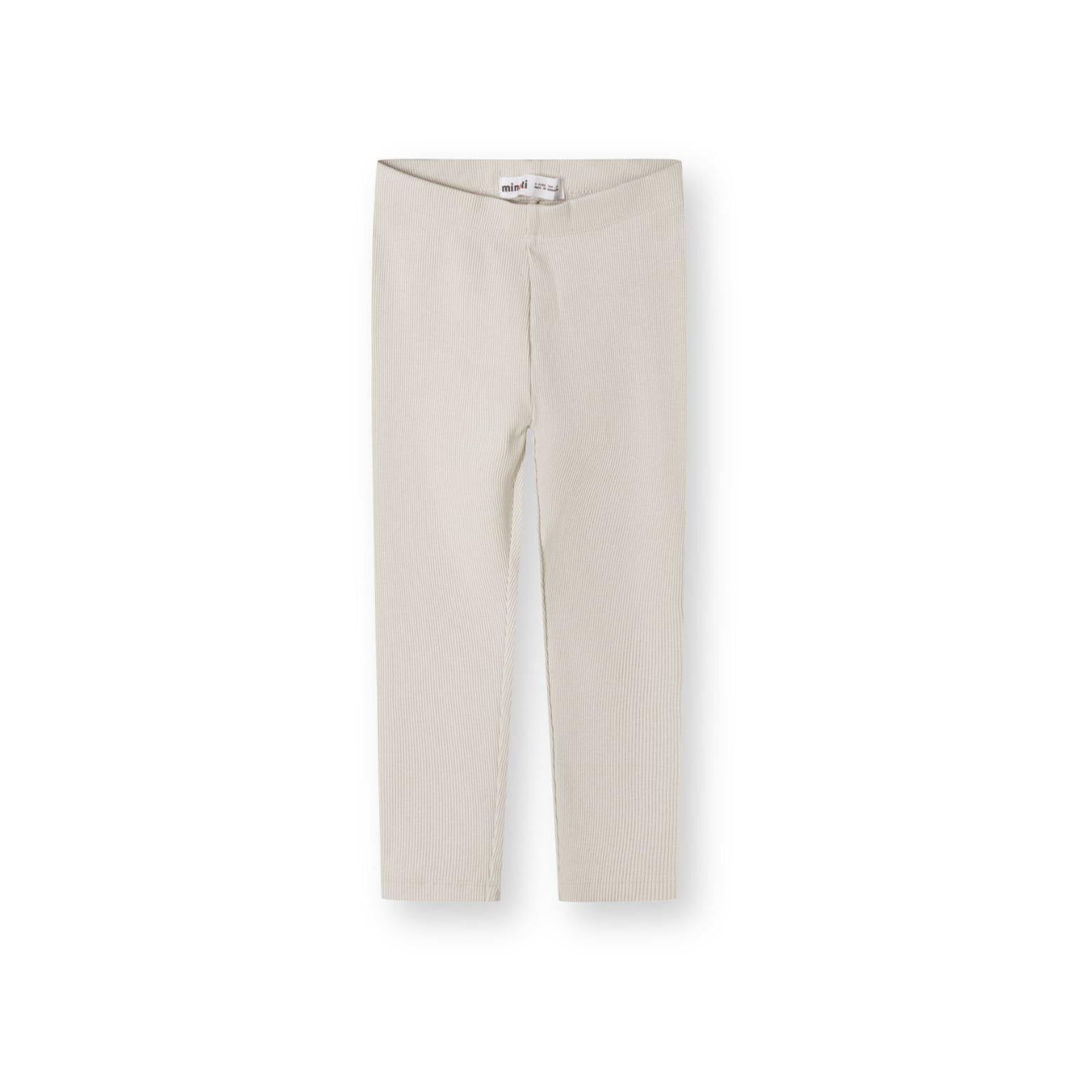 Single brown ribbed cotton leggings laid flat showing full length and Minoti label at waistband against white background