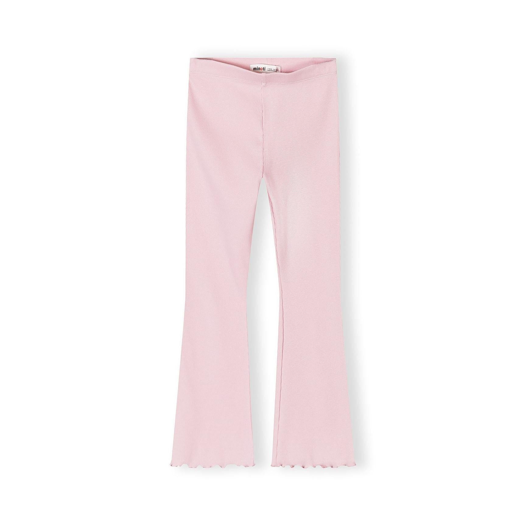 Single pink ribbed flare leggings displayed against white background showing full length and scalloped hem