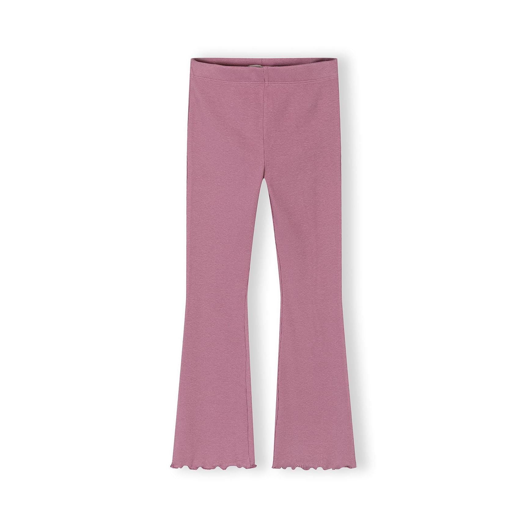 Close-up detail of pink ribbed leggings showing texture and scalloped hem edge