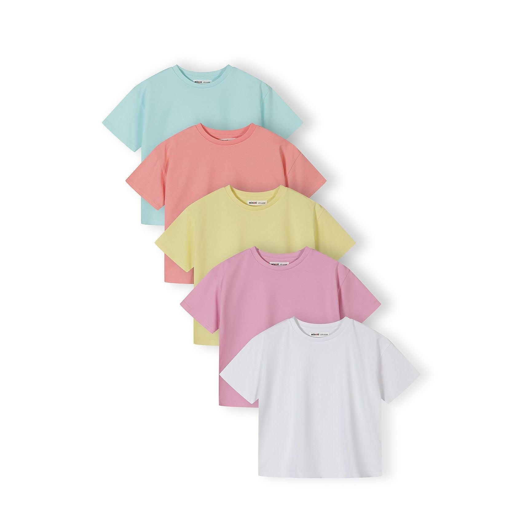 Five ribbed cotton t-shirts fanned out showing pastel colors - mint green, coral pink, pale yellow, lavender purple, and white - against white background with Minoti branding visible