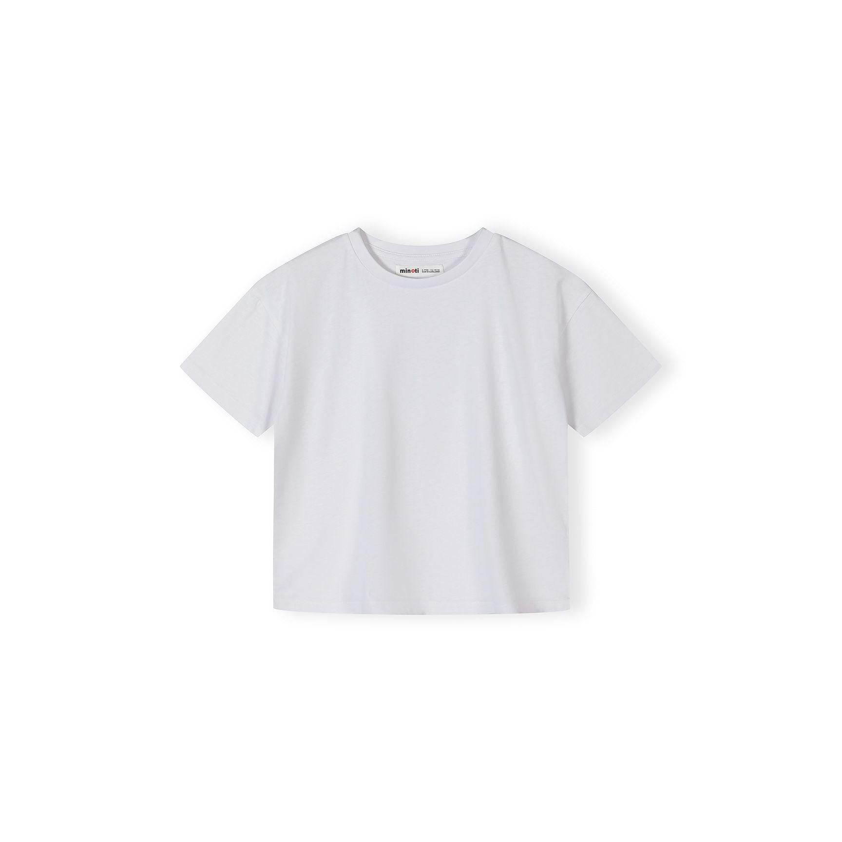 Single white ribbed cotton t-shirt with crew neck and short sleeves displayed flat against white background, showing Minoti branding on label