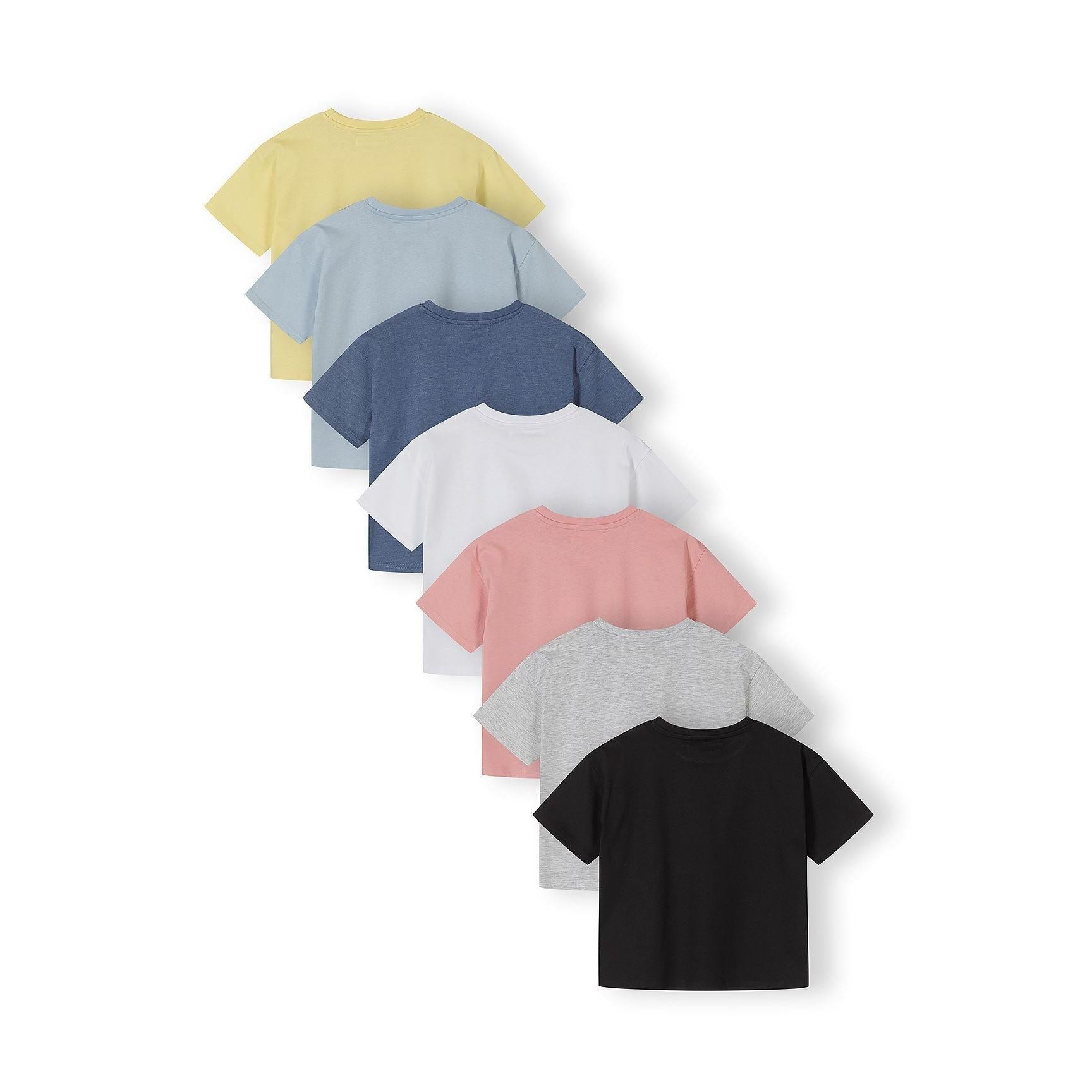 Single yellow cotton t-shirt laid flat showing crew neck design and Minoti label against white background