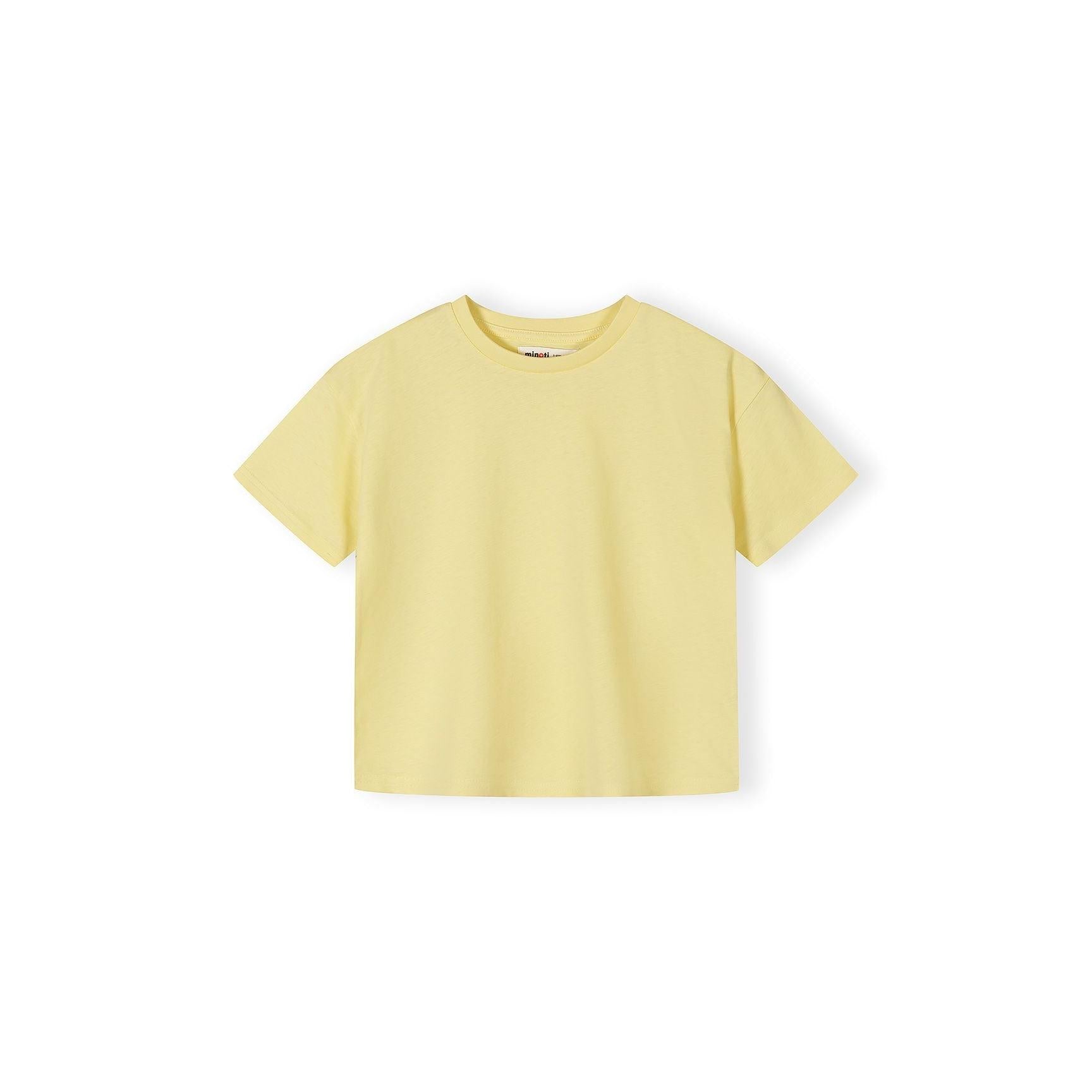 Single yellow cotton t-shirt laid flat showing crew neck design and Minoti label against white background