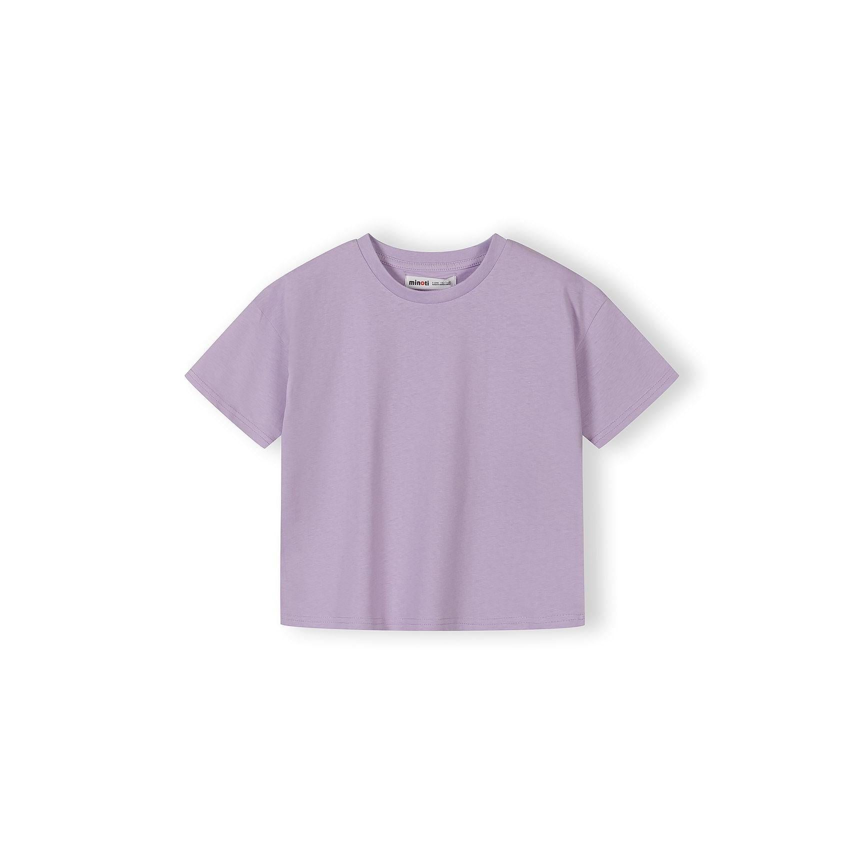 Single lilac purple cotton t-shirt with crew neck shown flat against white background displaying the soft fabric texture