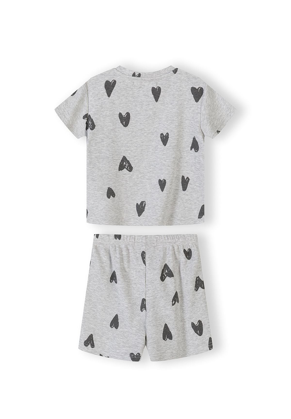 Close-up detail of cream ribbed fabric texture showing hand-drawn black hearts print pattern and crew neckline