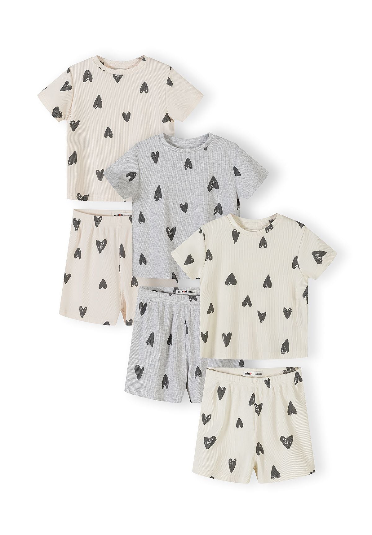Ribbed Pyjamas 3-Pack Hearts Print Cream Grey - 1