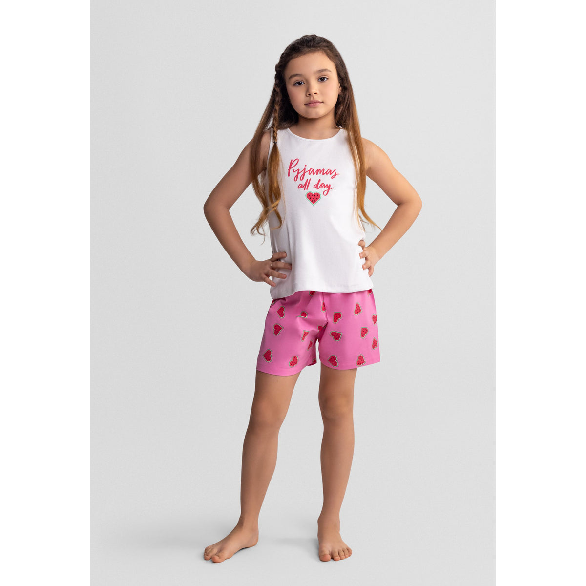 Girls' vest short pyjamas 2-pack in pink, coral and white — complete product view for square Shop card