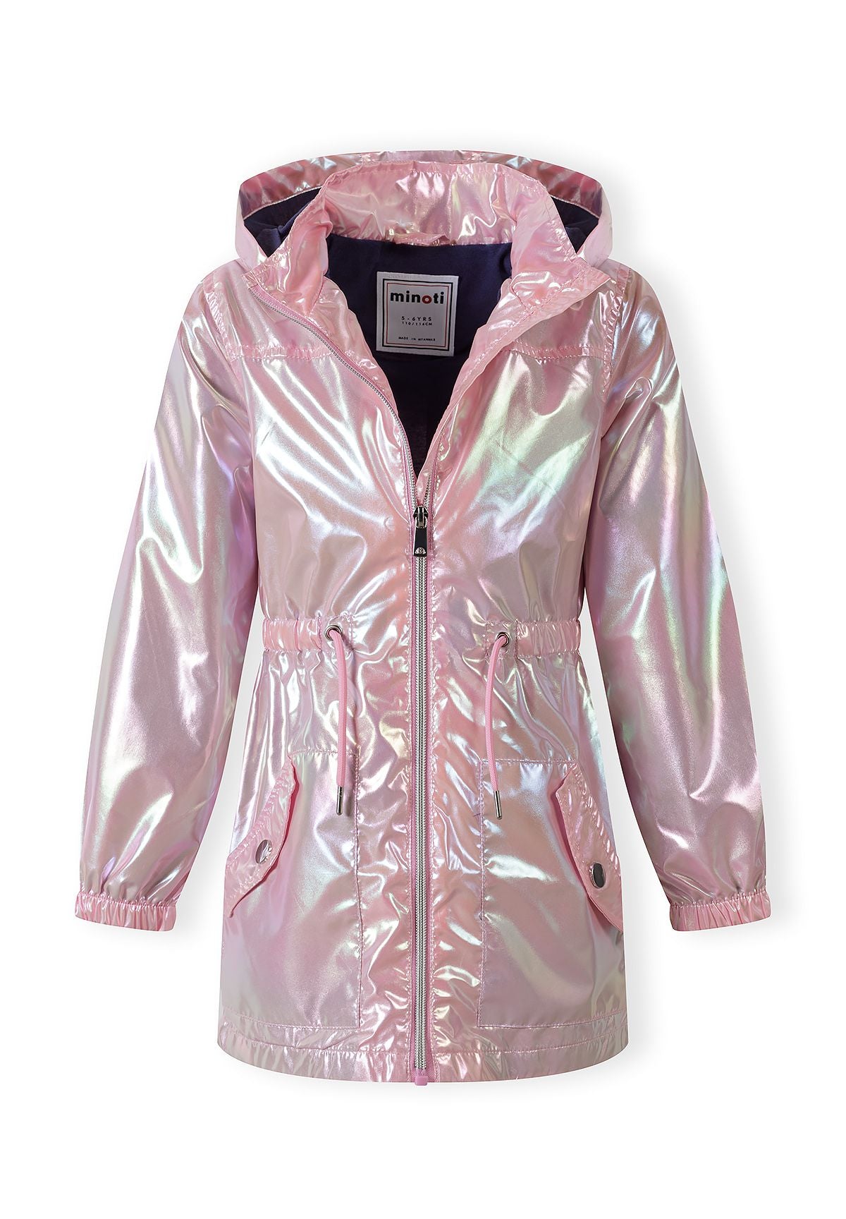 The pink metallic parka shown open to reveal the inside.