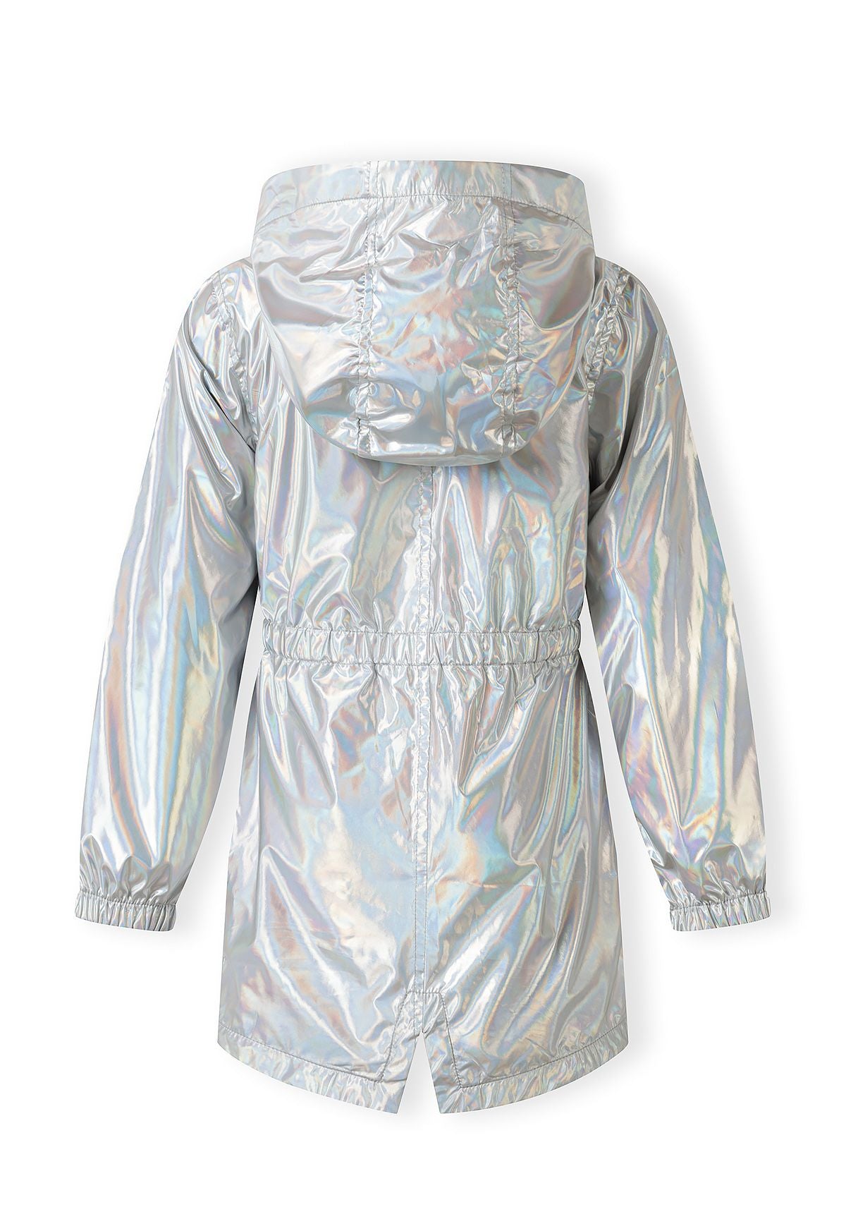 Back of a silver metallic parka.