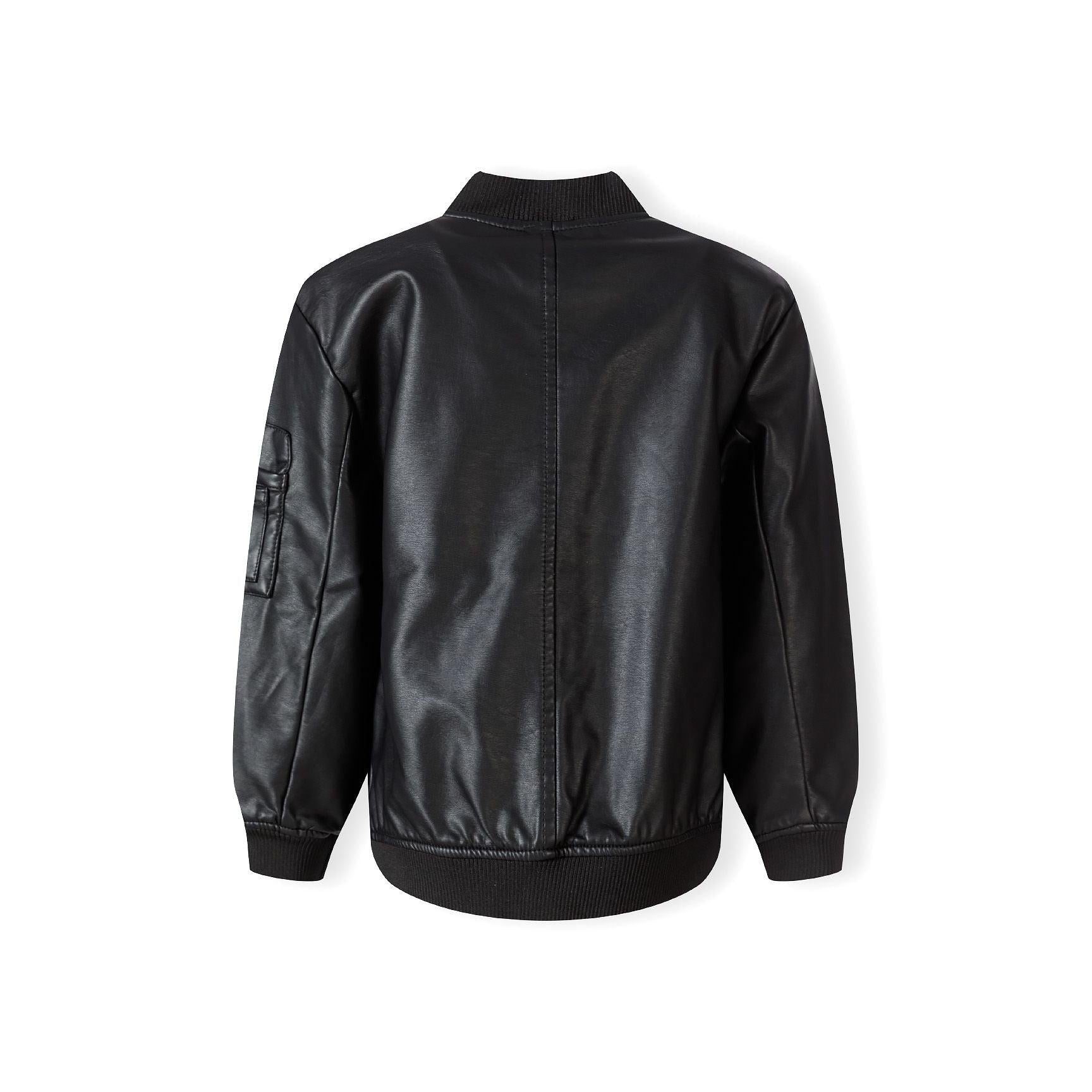 Back view of black faux leather bomber jacket showing ribbed collar and sleeve detail with arm pocket, laid flat on white background