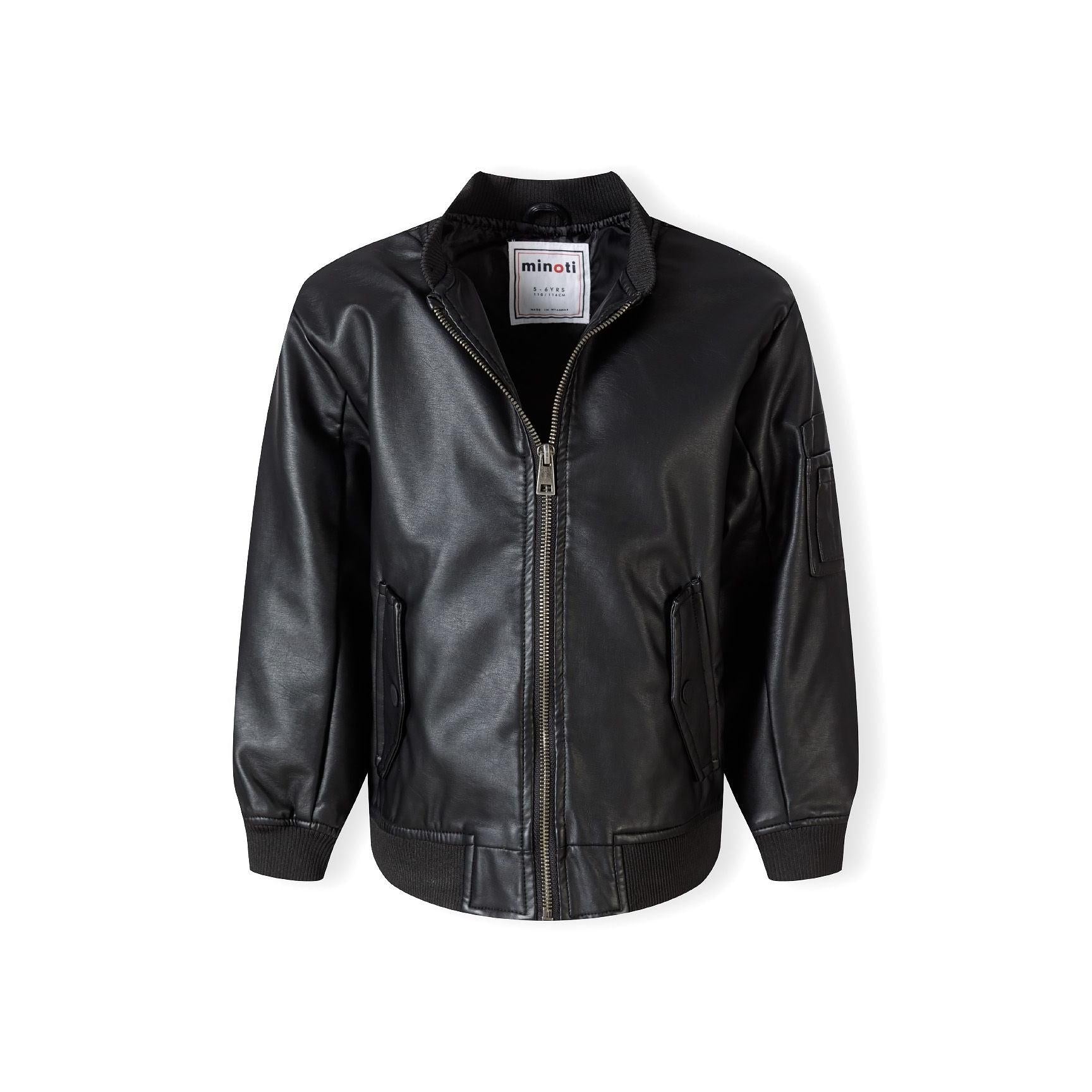 Close-up detail of black faux leather bomber jacket showing zip pocket with Minoti branded circular element on sleeve