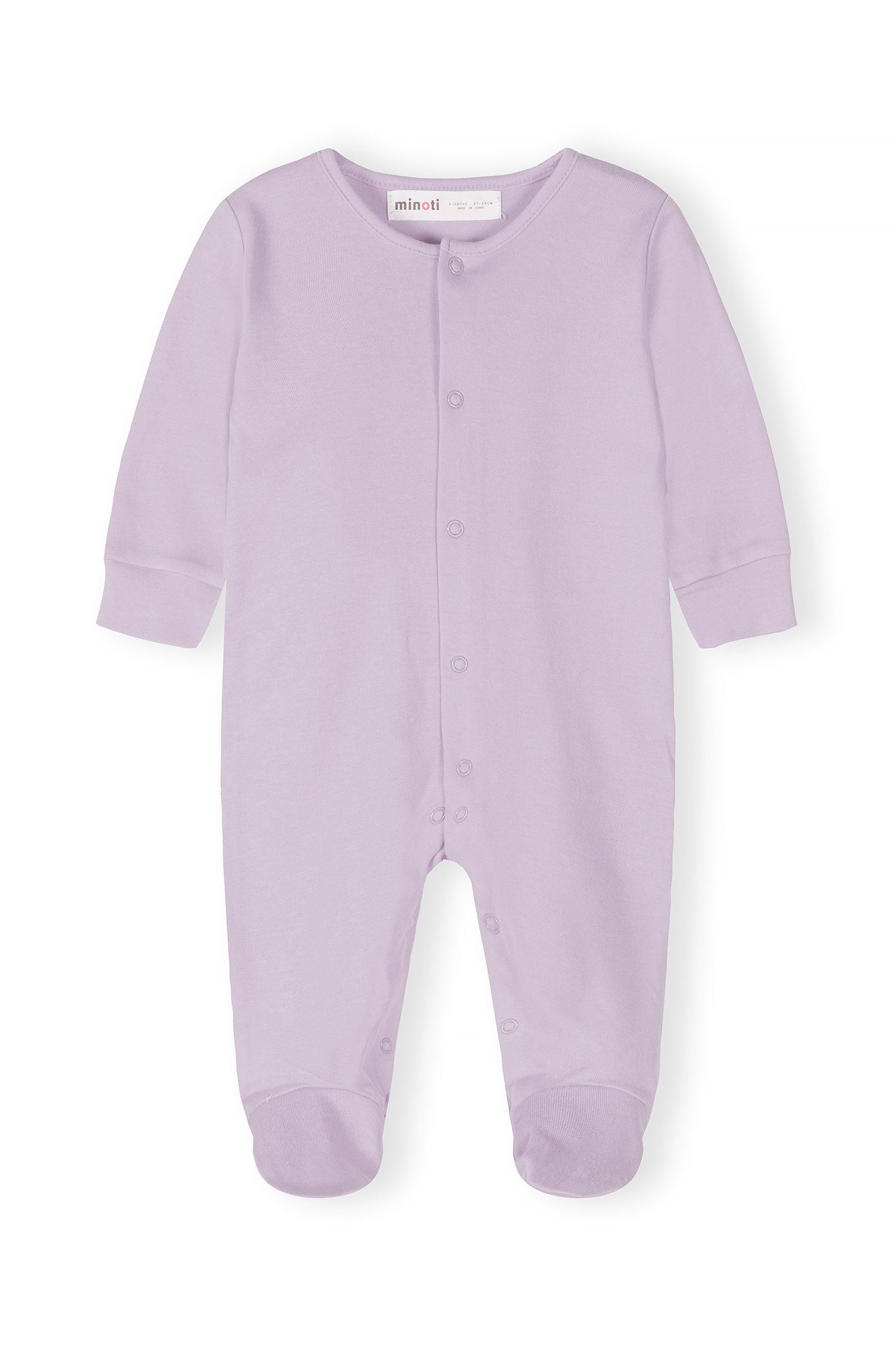 Baby sleepsuit in pastel lilac, front view, featuring snap fastenings.