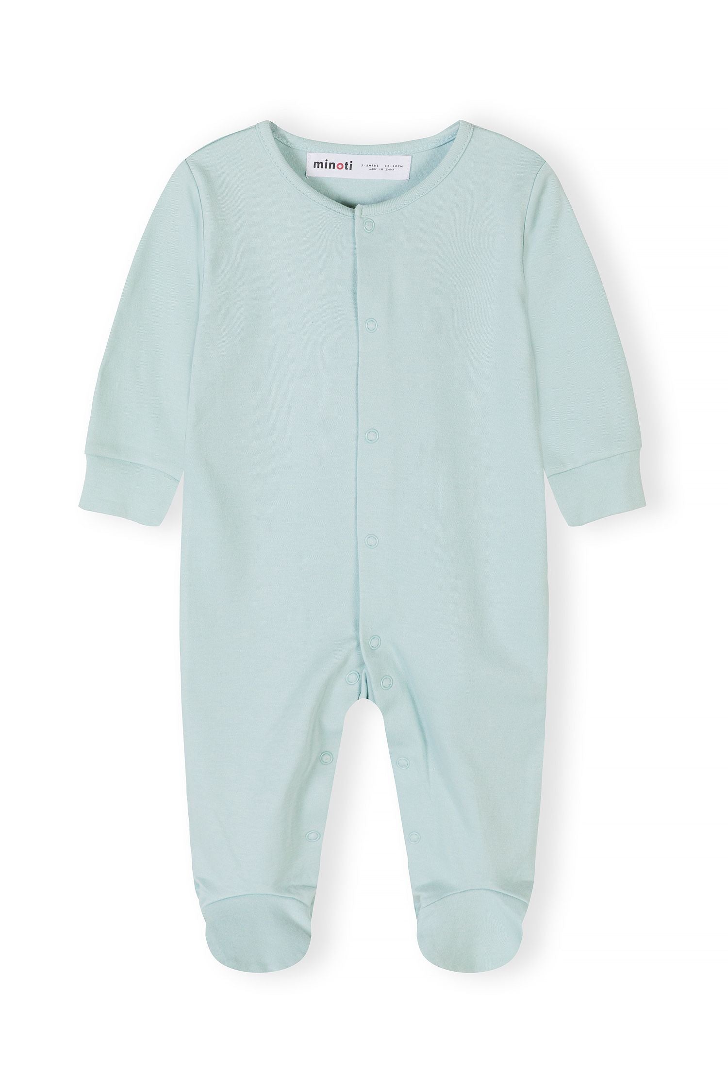 Baby sleepsuit in pastel mint, front view with snap fastenings.