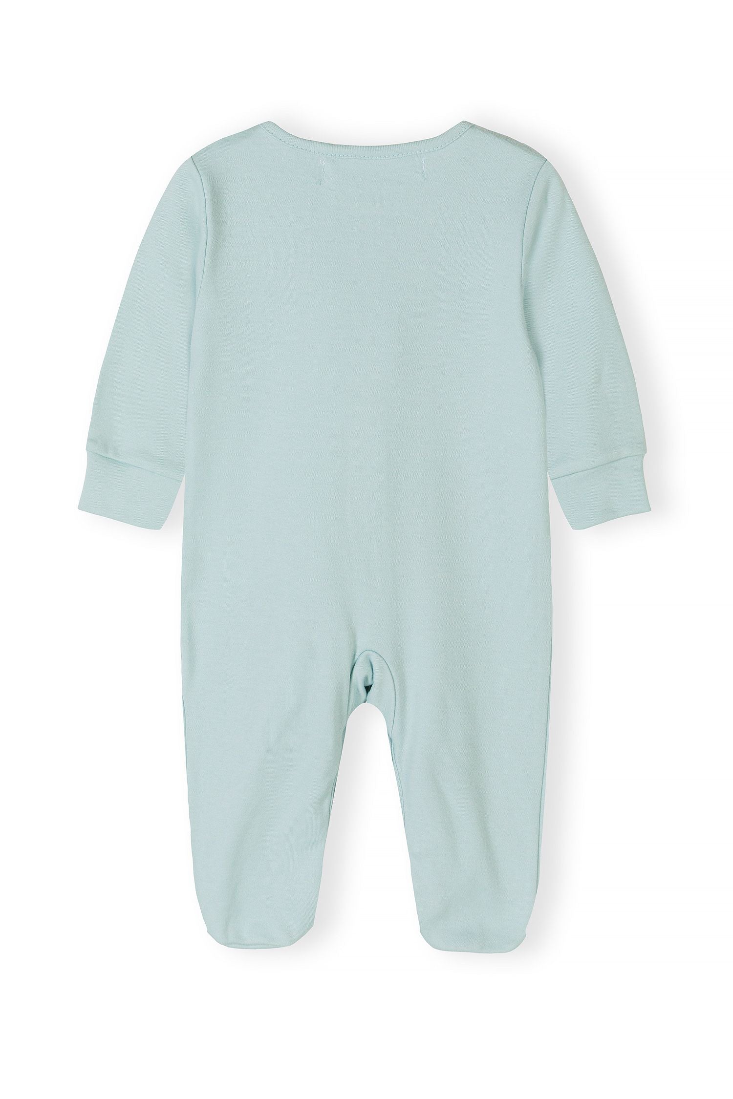 Baby sleepsuit in pastel mint, back view with full-length legs and cuffed sleeves.