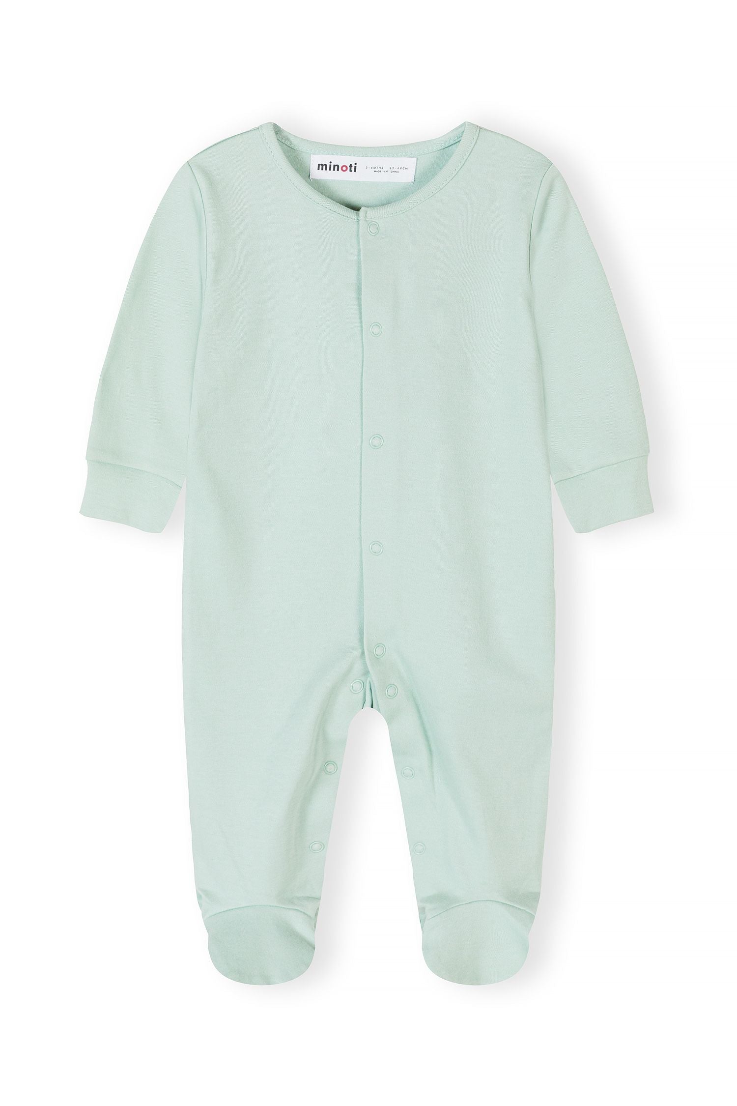 Mint baby sleepsuit with full-length legs and snap fastenings, front view.