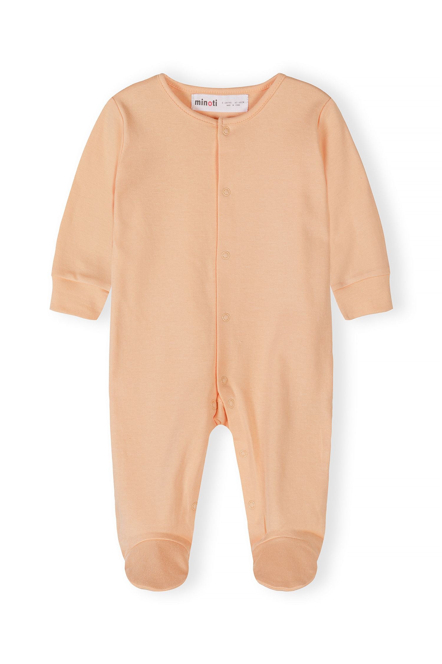 Long-sleeve sleepsuit in soft peach with press studs and elasticated cuffs.