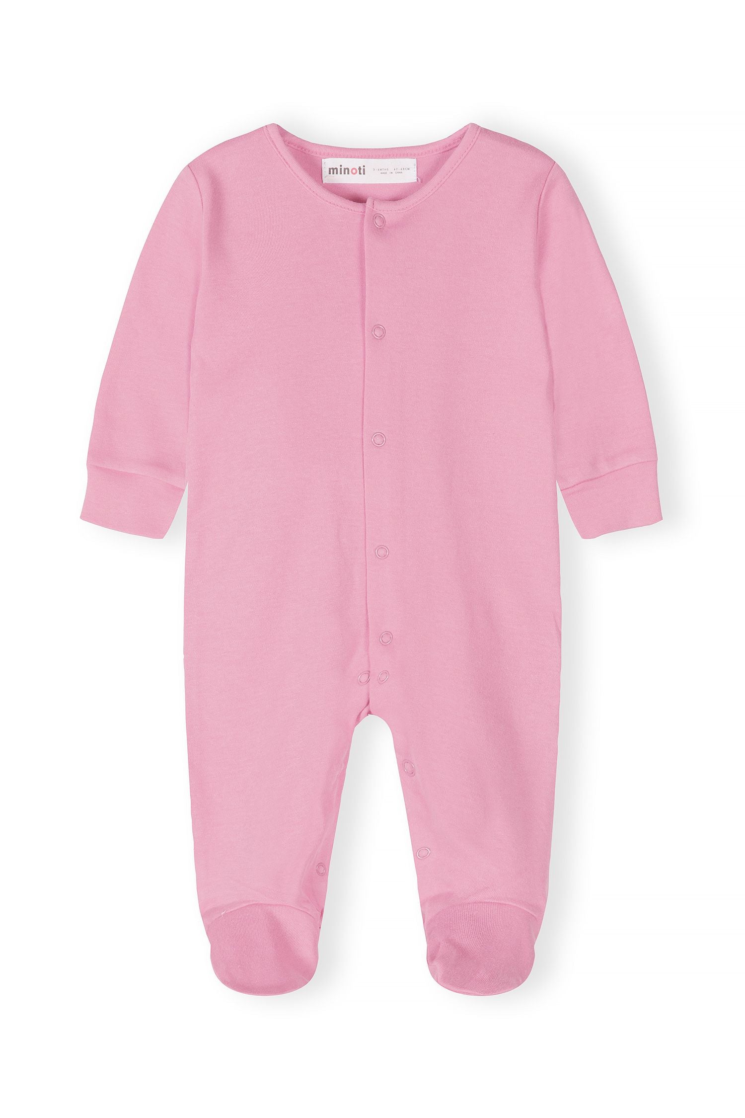 Front view of a pink long-sleeve sleepsuit with press studs and elasticated cuffs.