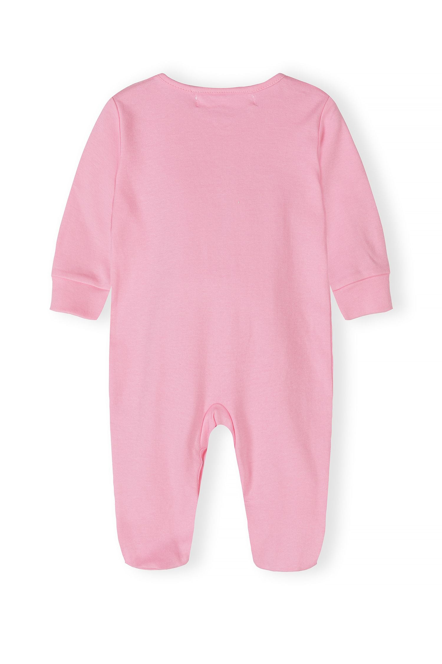 Back view of a pink long-sleeve sleepsuit for babies with elasticated cuffs.